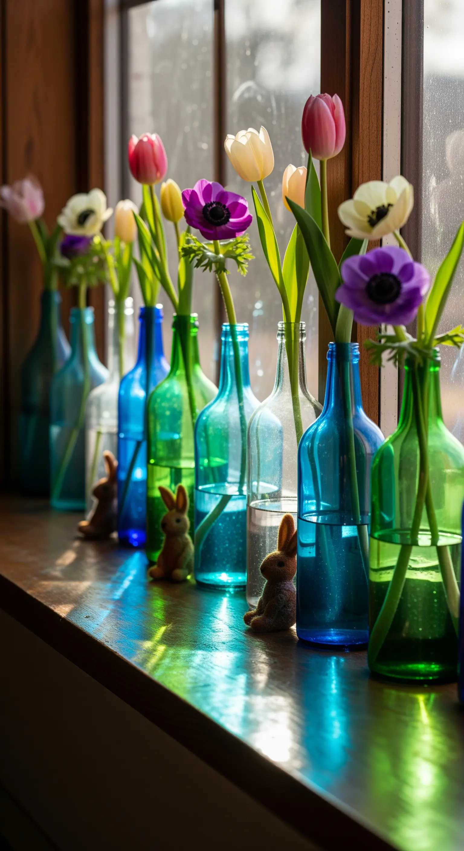 Fensterbank mit farbigen Flaschen, Blumen und Hasenfiguren