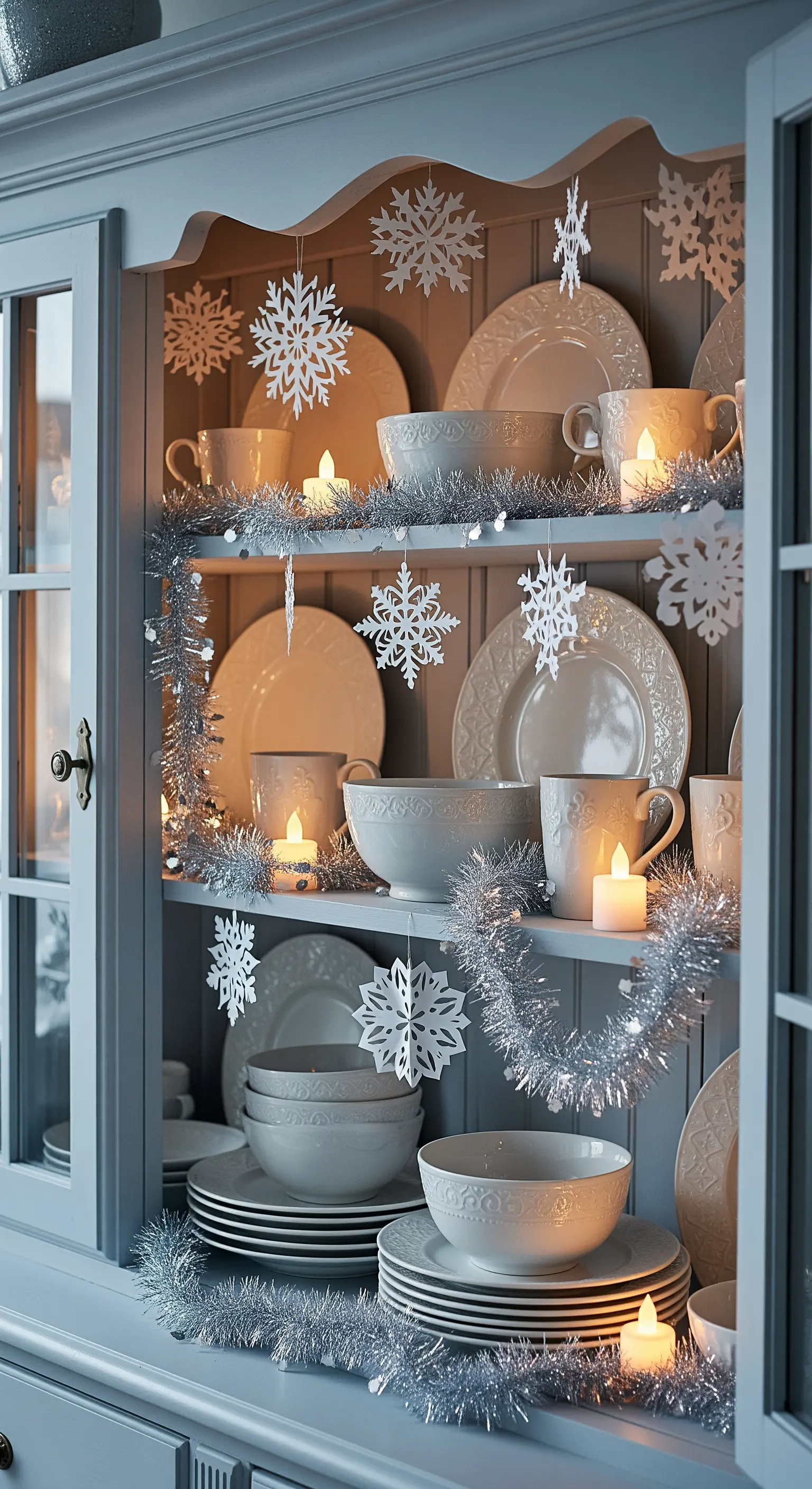 Geschirrregal dekoriert mit Silber-Girlande, Lichtern und Schneeflocken