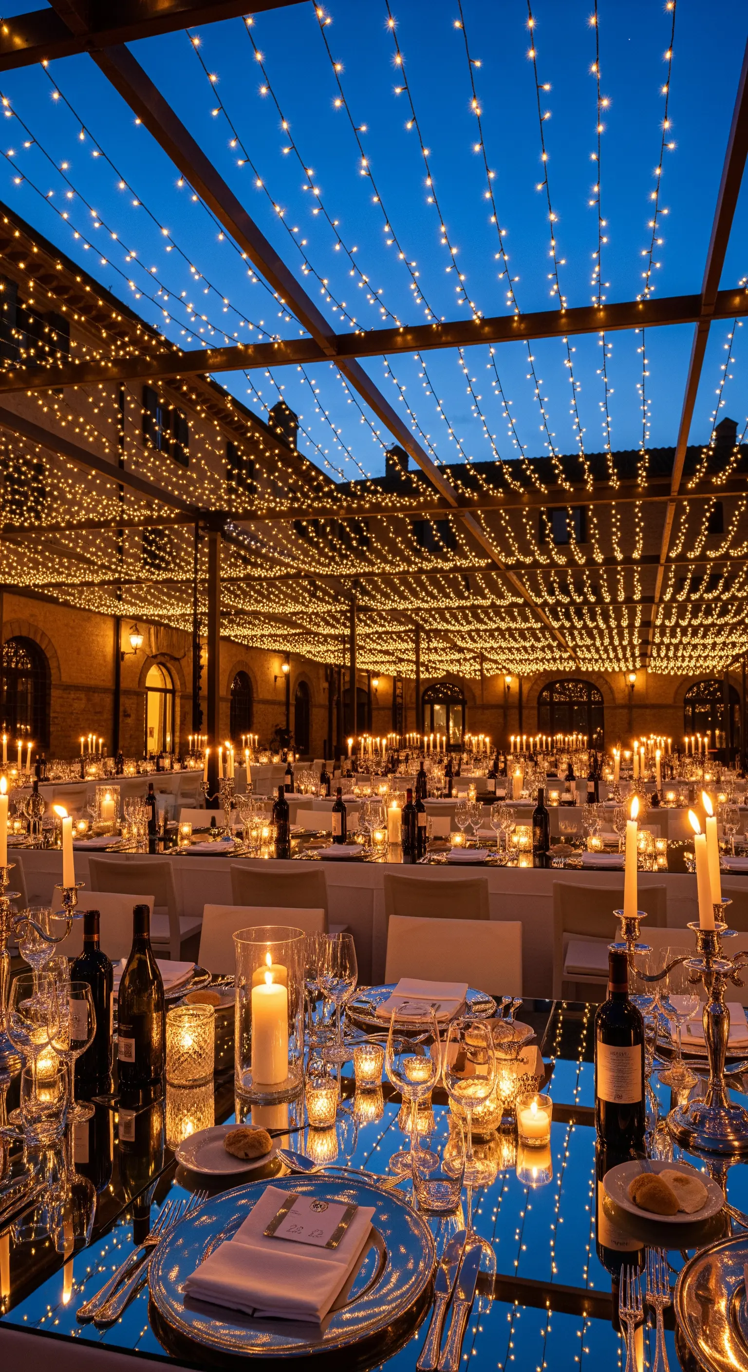 Historischer Hof, Lichterketten-Dach, lange Tafeln, Silberleuchter