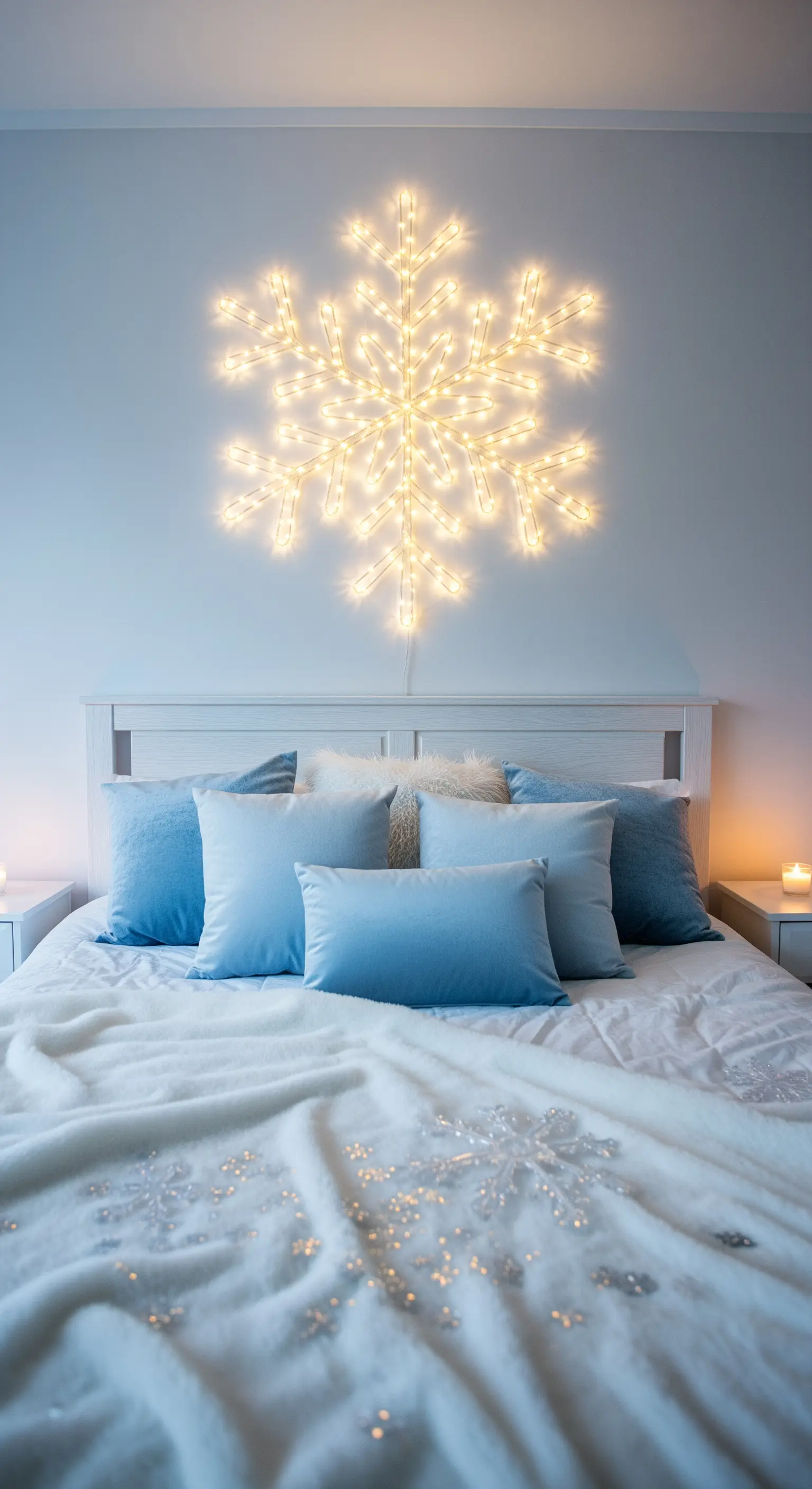 Schlafzimmer mit leuchtender Schneeflocke über dem Bett und blauen Kissen
