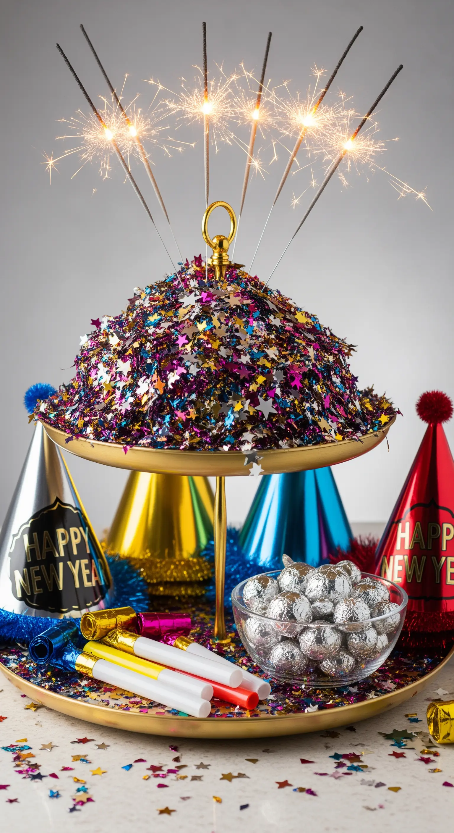 Goldene Etagere für Silvester mit Konfetti, Wunderkerzen und Partyhüten.