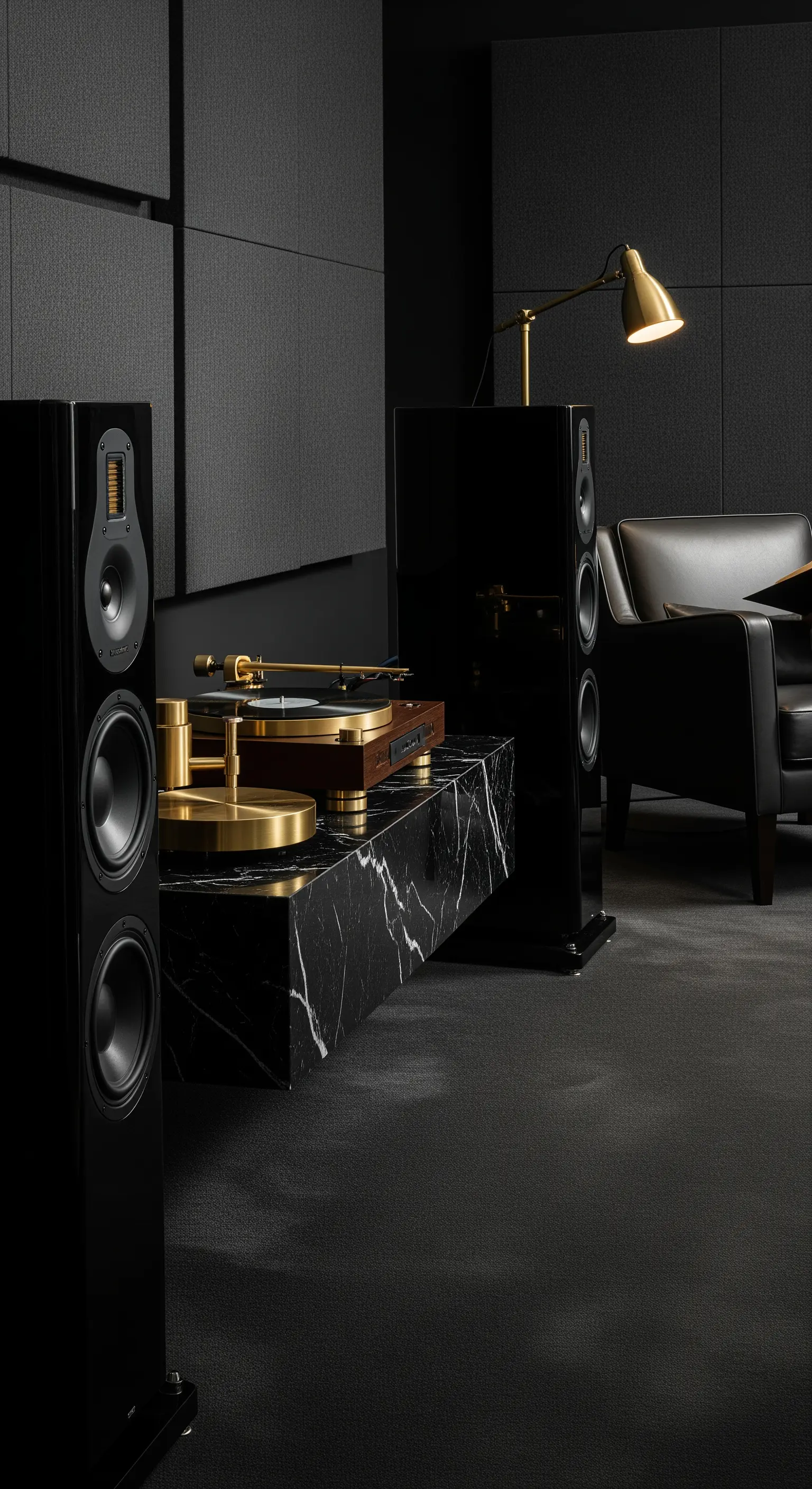 Plattenspieler auf einem schwarzen Marmorblock in einem minimalistischen Raum.