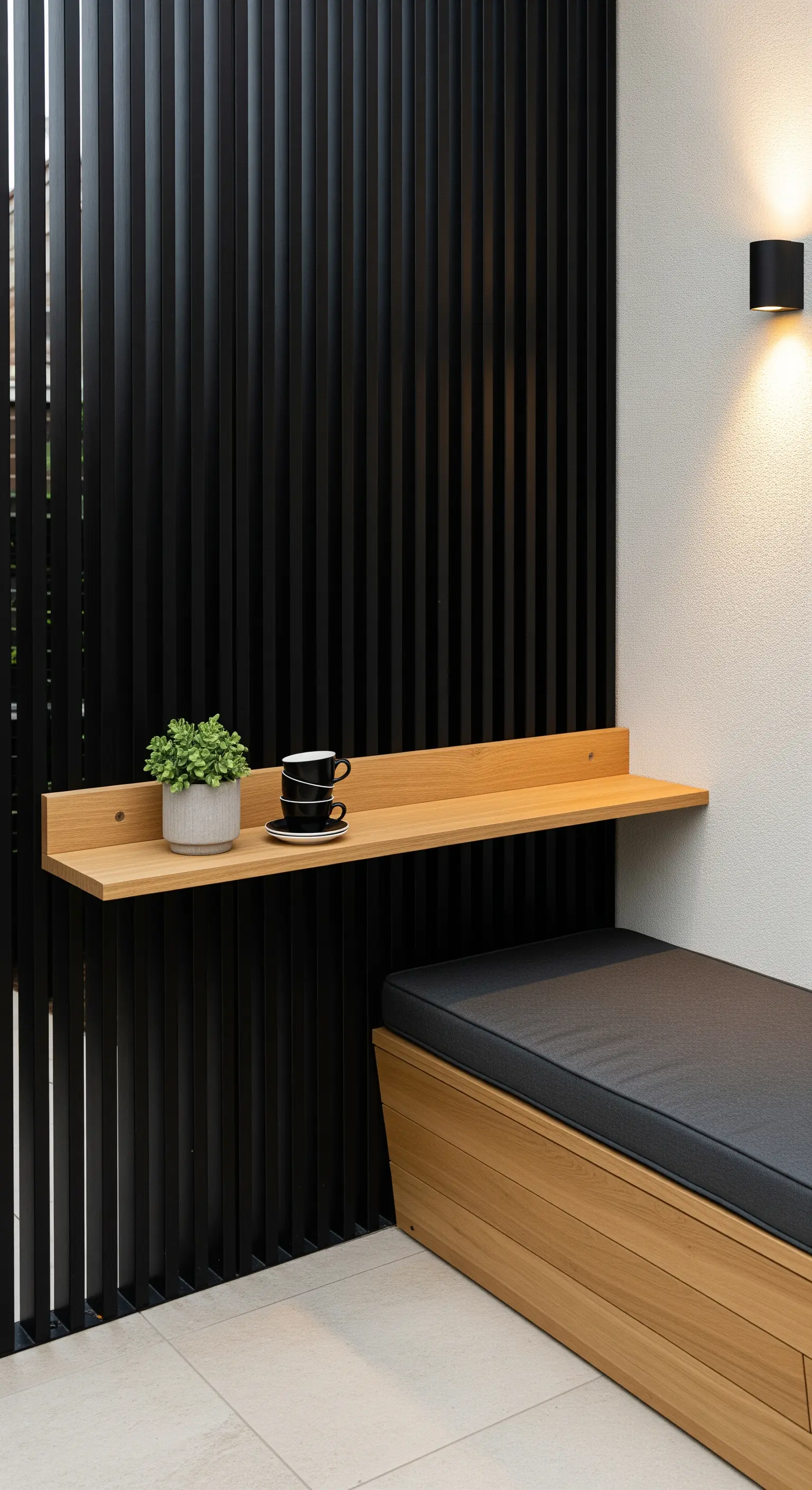 Balkonnische mit schwarzem Sichtschutz und Holzablage