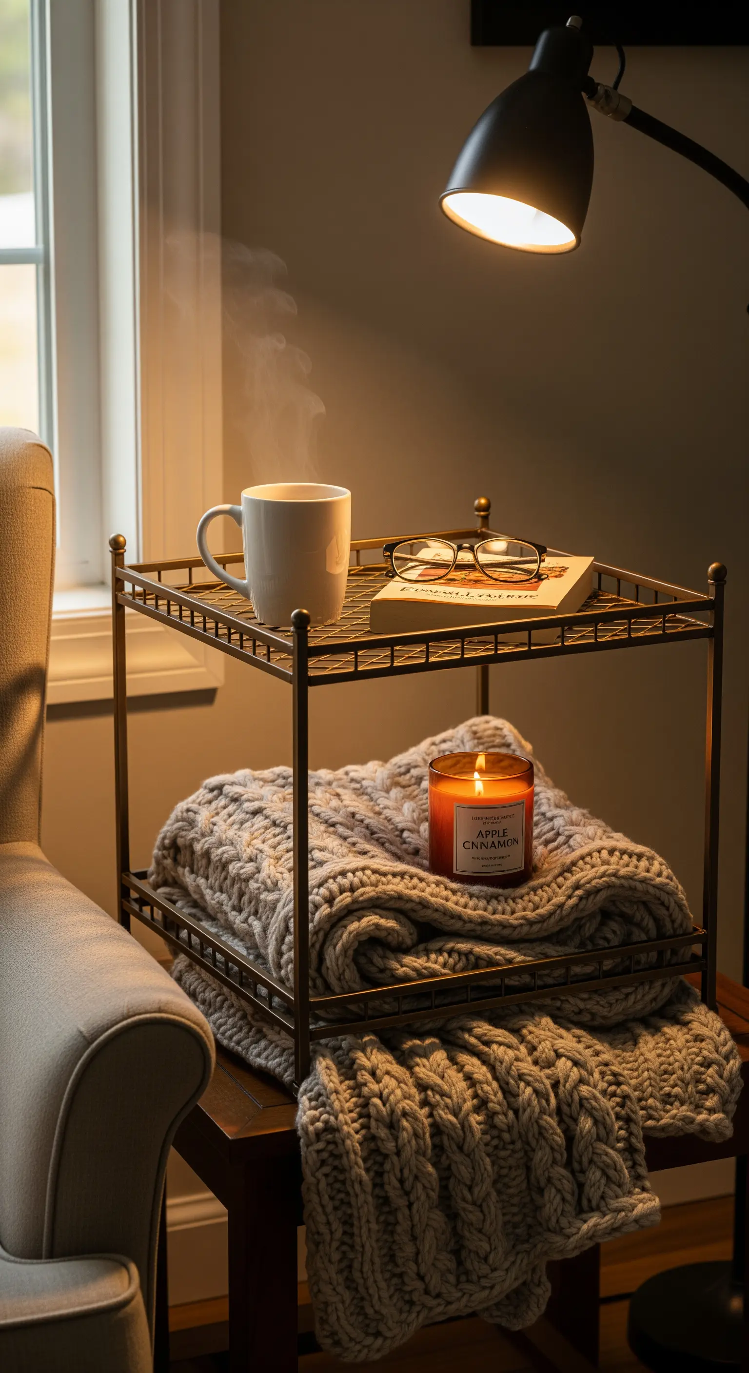 Regal-Etagere als Beistelltisch mit Buch, Kerze und Strickdecke in einer Leseecke