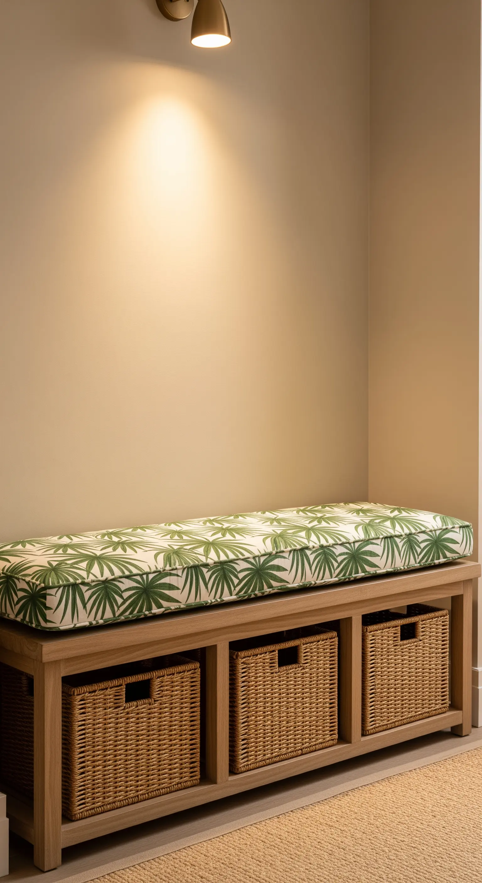 Holzbank mit Palmen-Sitzkissen und Körben im Flur