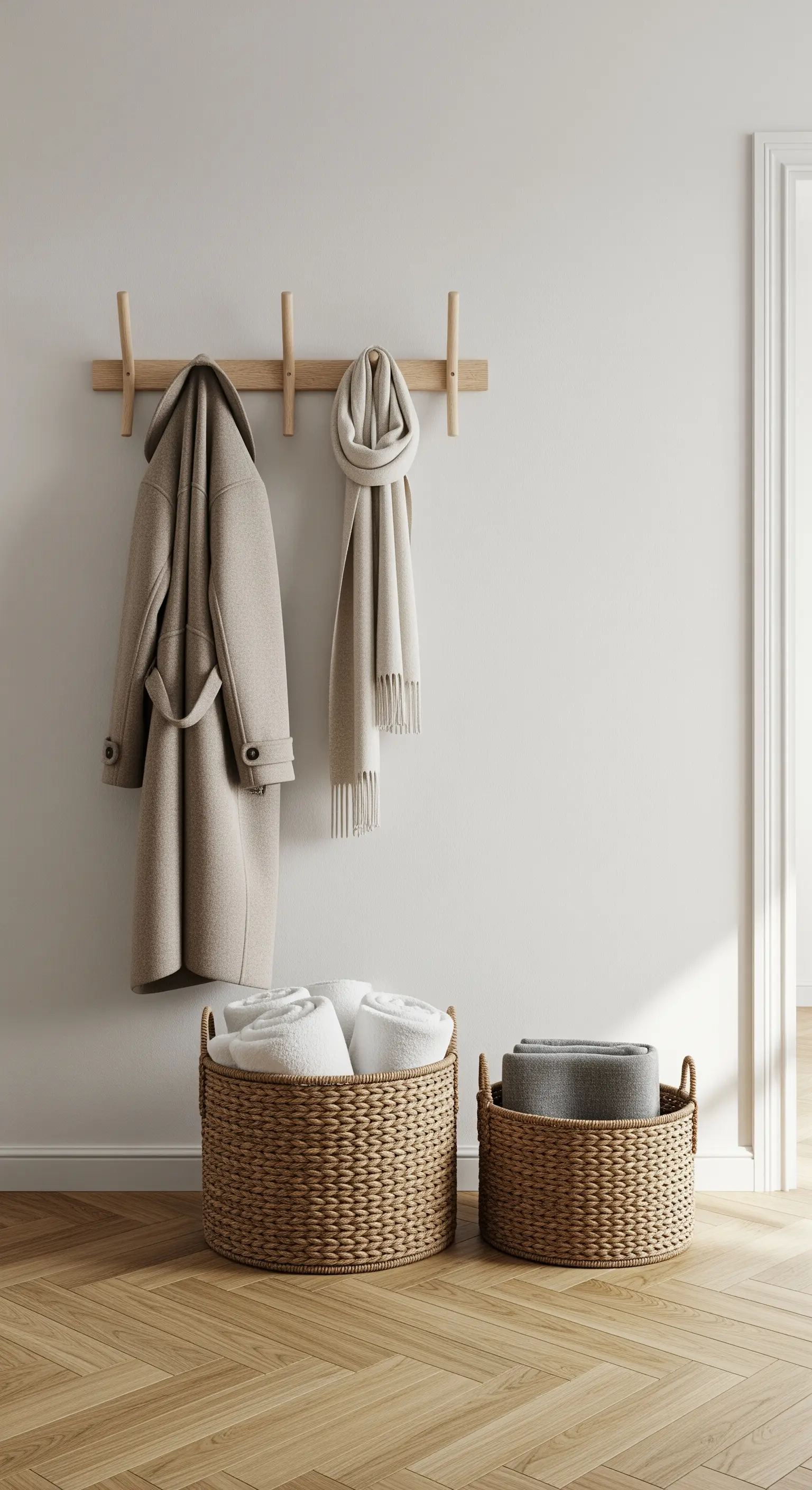 Holzhakenleiste, beiger Mantel, gewebte Körbe mit Handtüchern.