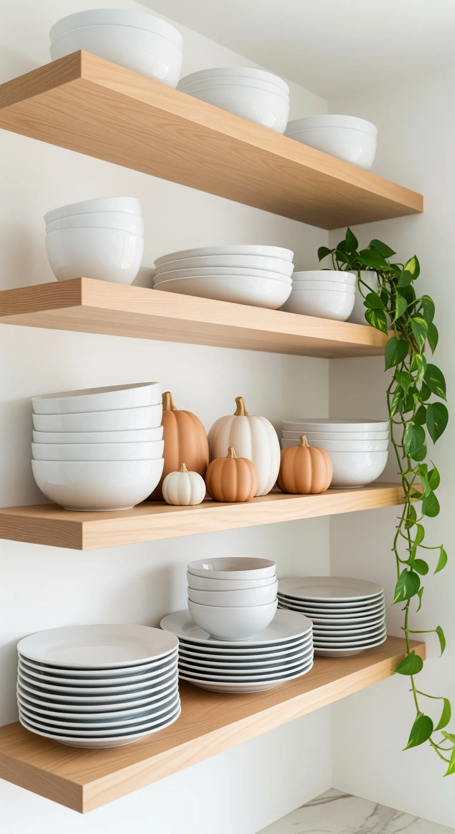 Offene Küchenregale mit weißem Geschirr und dazwischen platzierten Deko-Kürbissen.