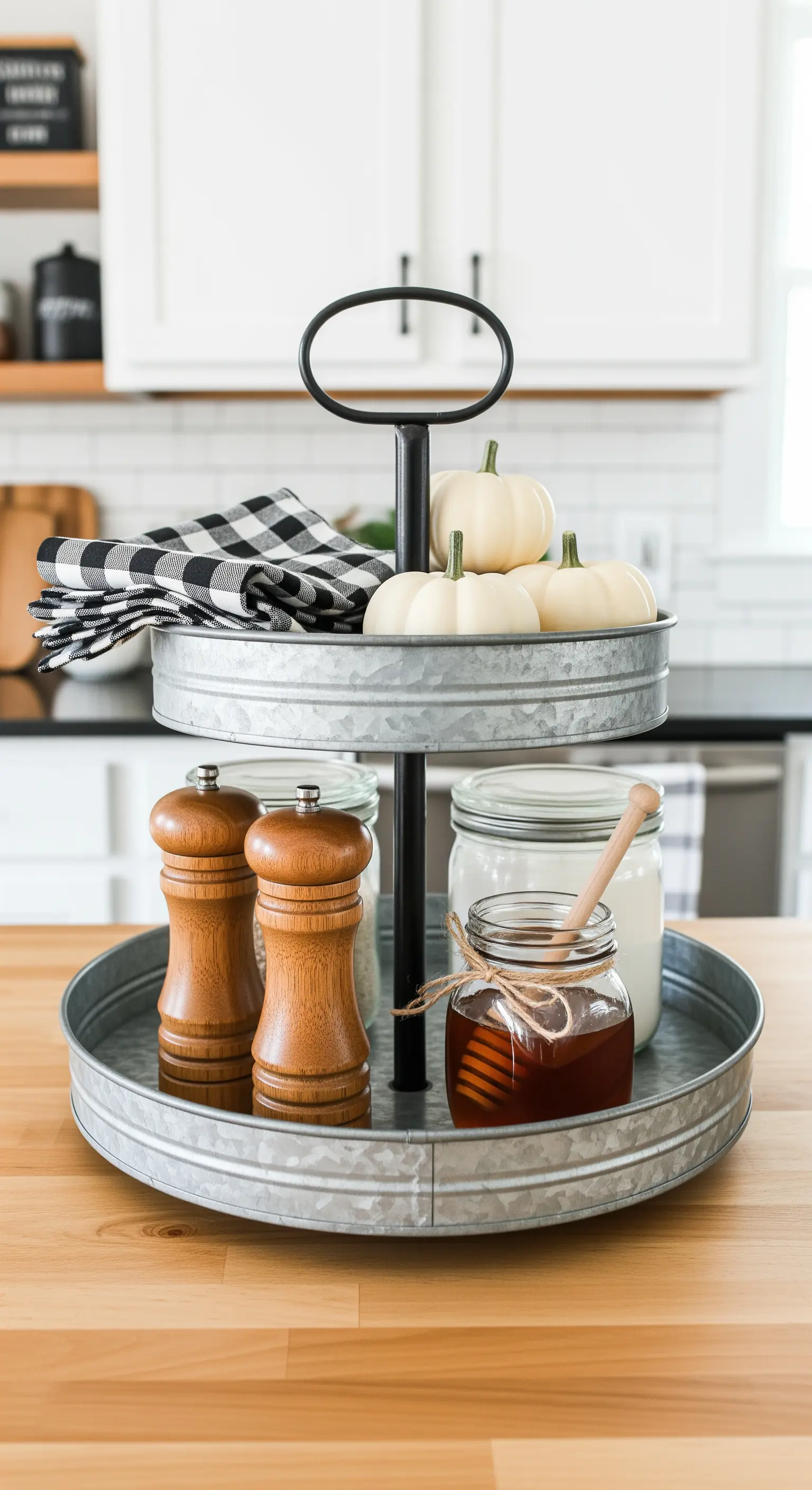 Funktionale Herbst-Etagere im Farmhouse-Stil für die Küchentheke.