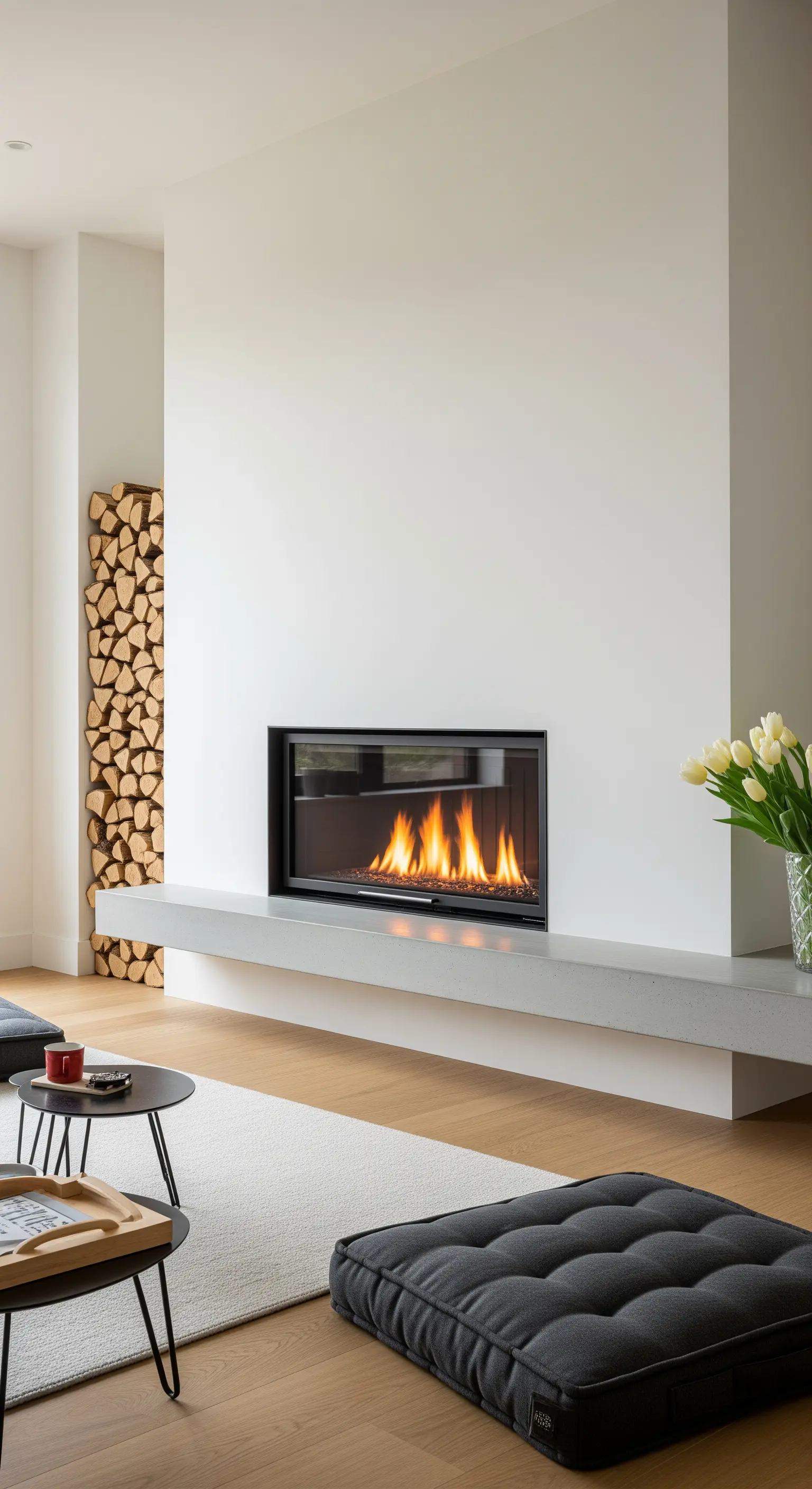 Moderner Kamin mit einer langen Betonsims und integriertem Holzlager.