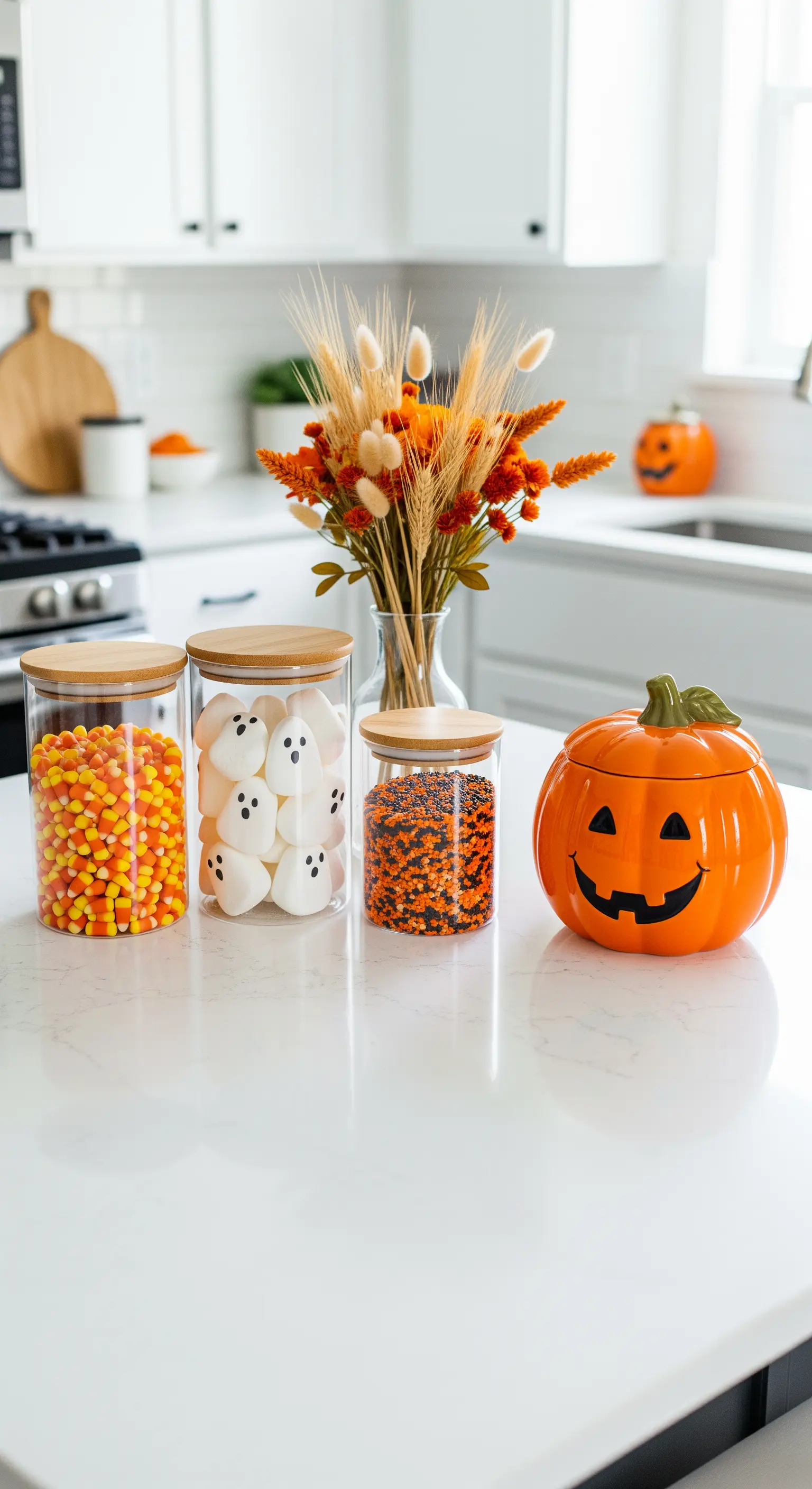 Küchenarbeitsplatte mit Glasbehältern voller Halloween-Süßigkeiten und einem Strauß Trockenblumen.