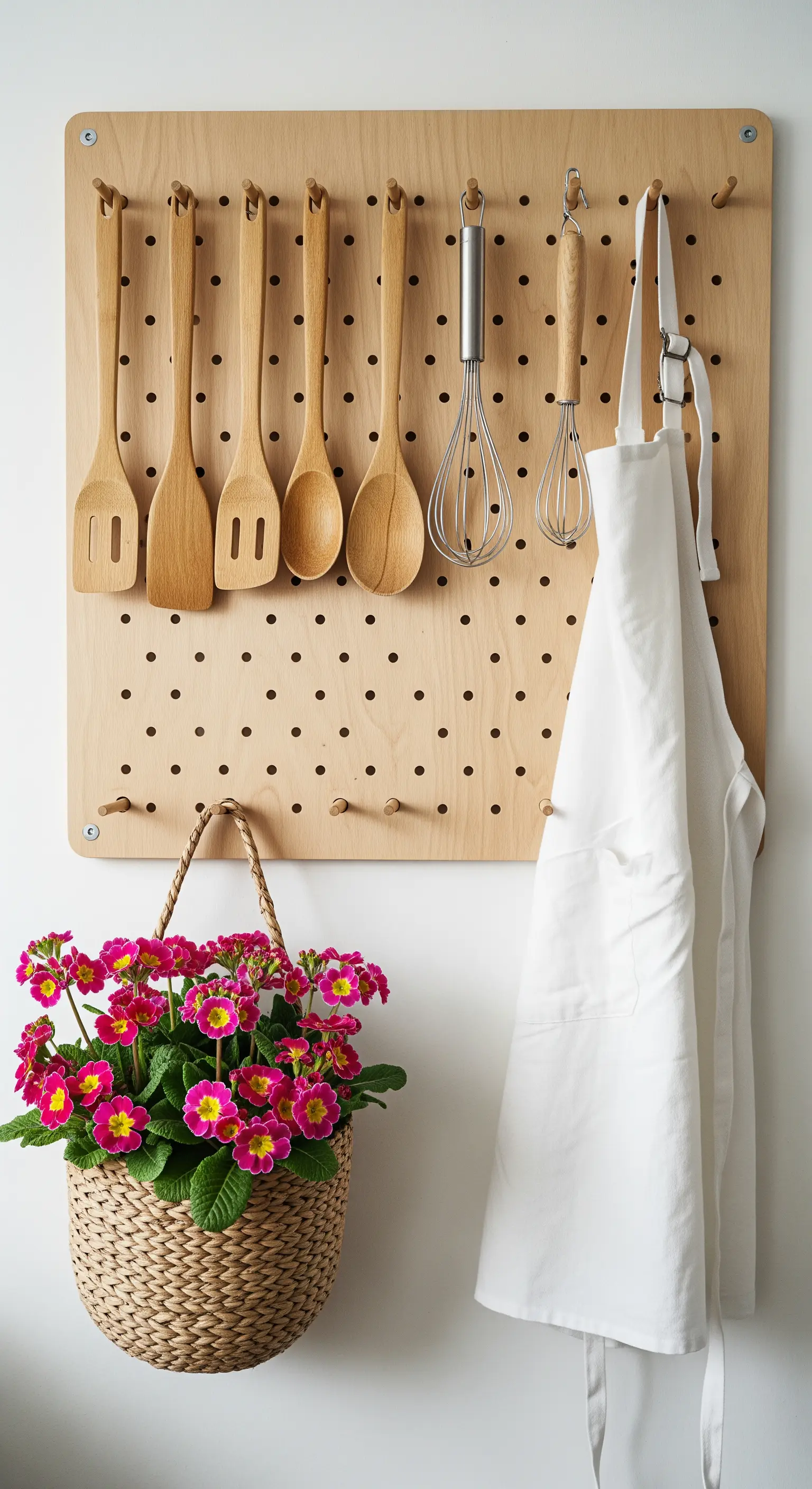 Lochplatte mit Küchenutensilien und hängendem Korb mit pinken Primeln