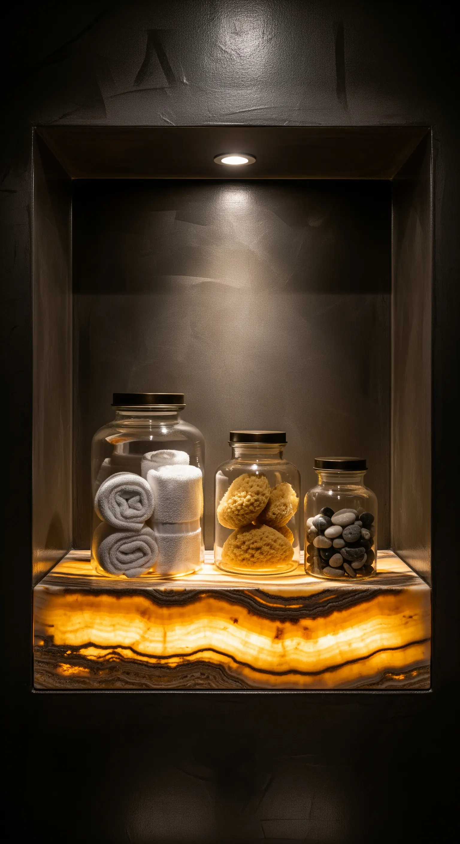 Beleuchtete Onyx-Nische, Glasgefäße mit Spa-Artikeln, dunkle Wand