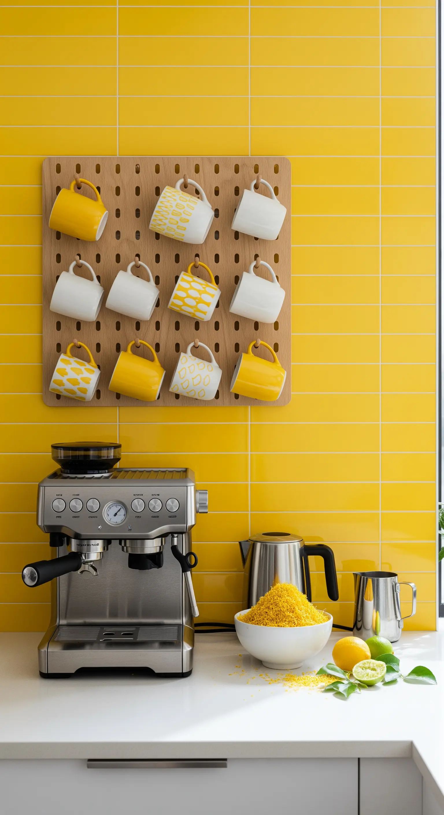 Gelbe Fliesenwand mit Holz-Pegboard und gelb-weißen Tassen.