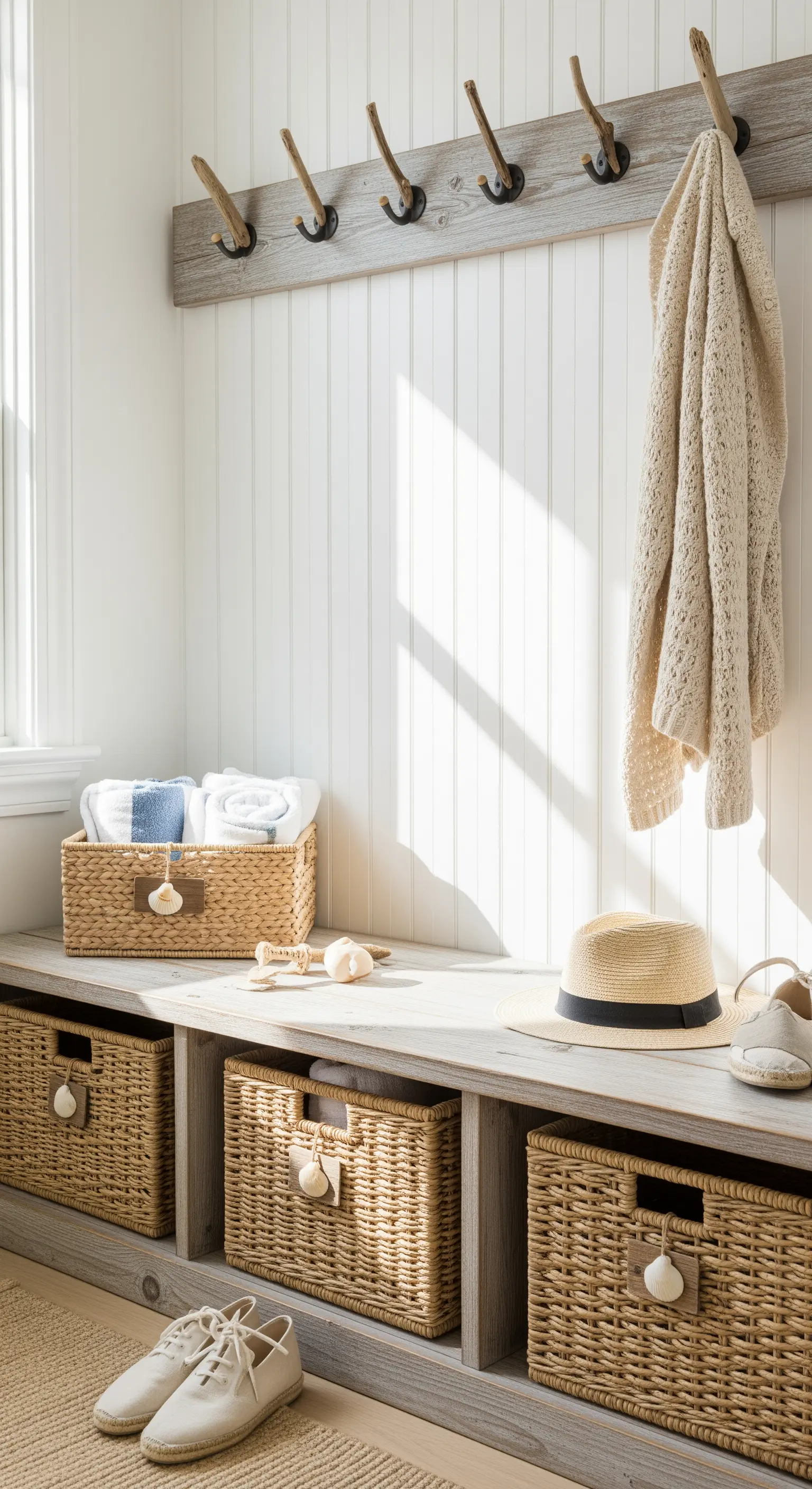 Eingangsbereich mit Bank, Korbstäben, Treibholz-Kleiderhaken und Sommeraccessoires