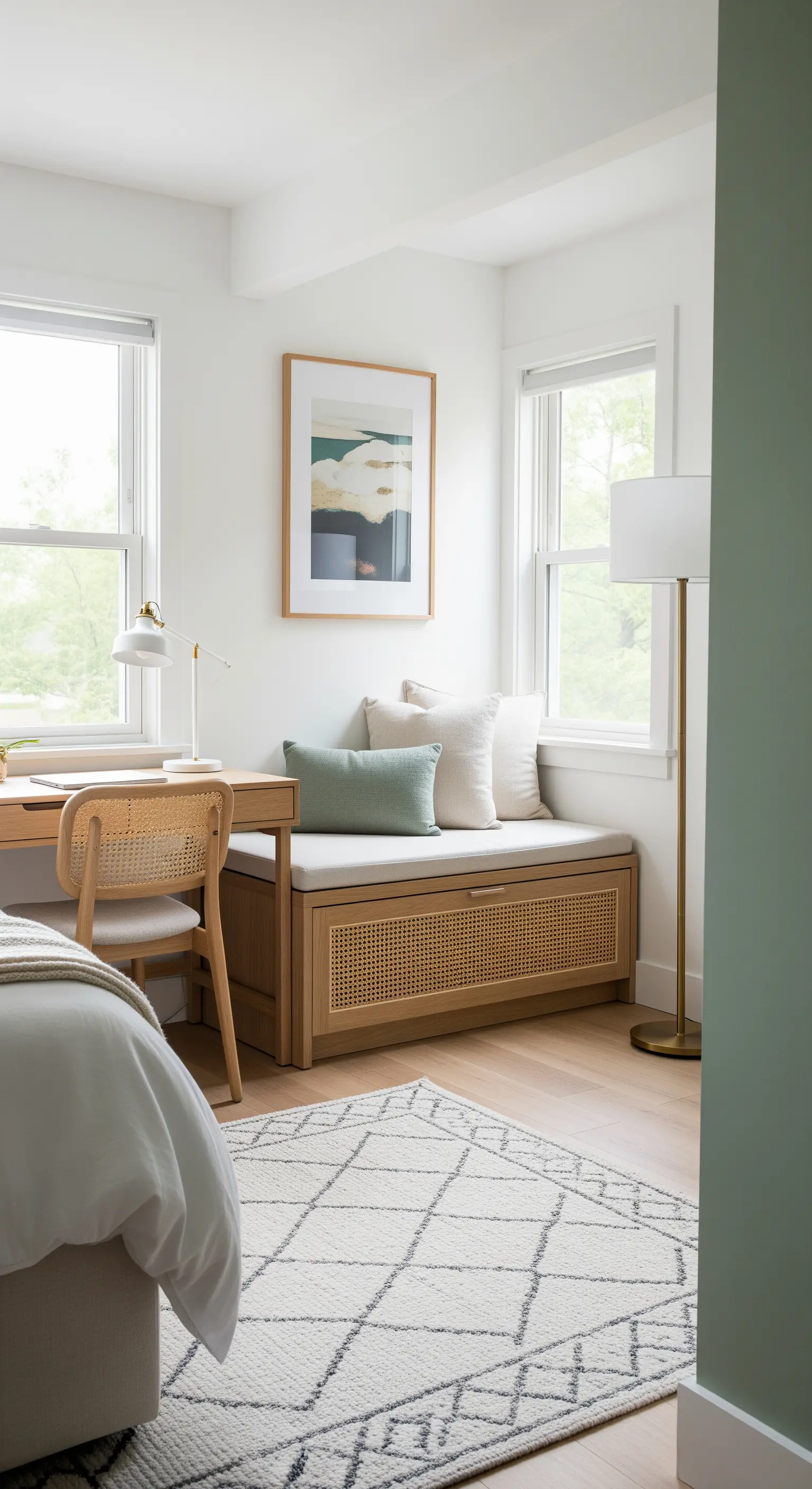 Helle Fenstersitzbank mit Schubladen aus Wiener Geflecht, grünen Kissen und Stehlampe