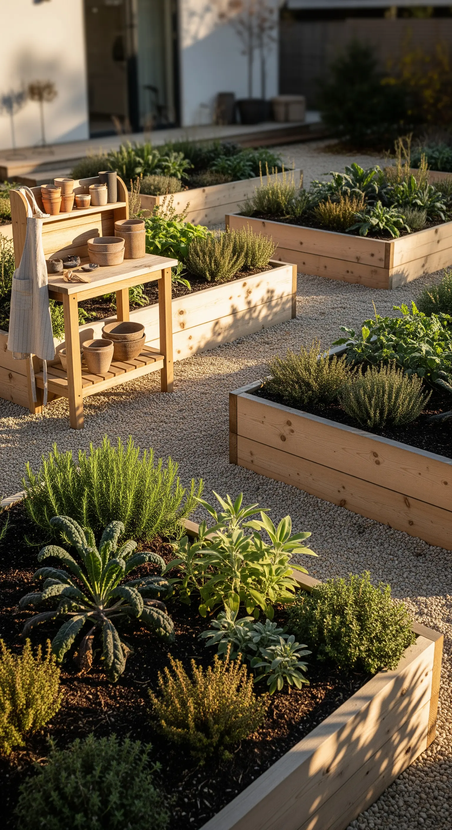 Erhöhte Holzbeete, Kieswege und Holzarbeitsplatte im Kräutergarten