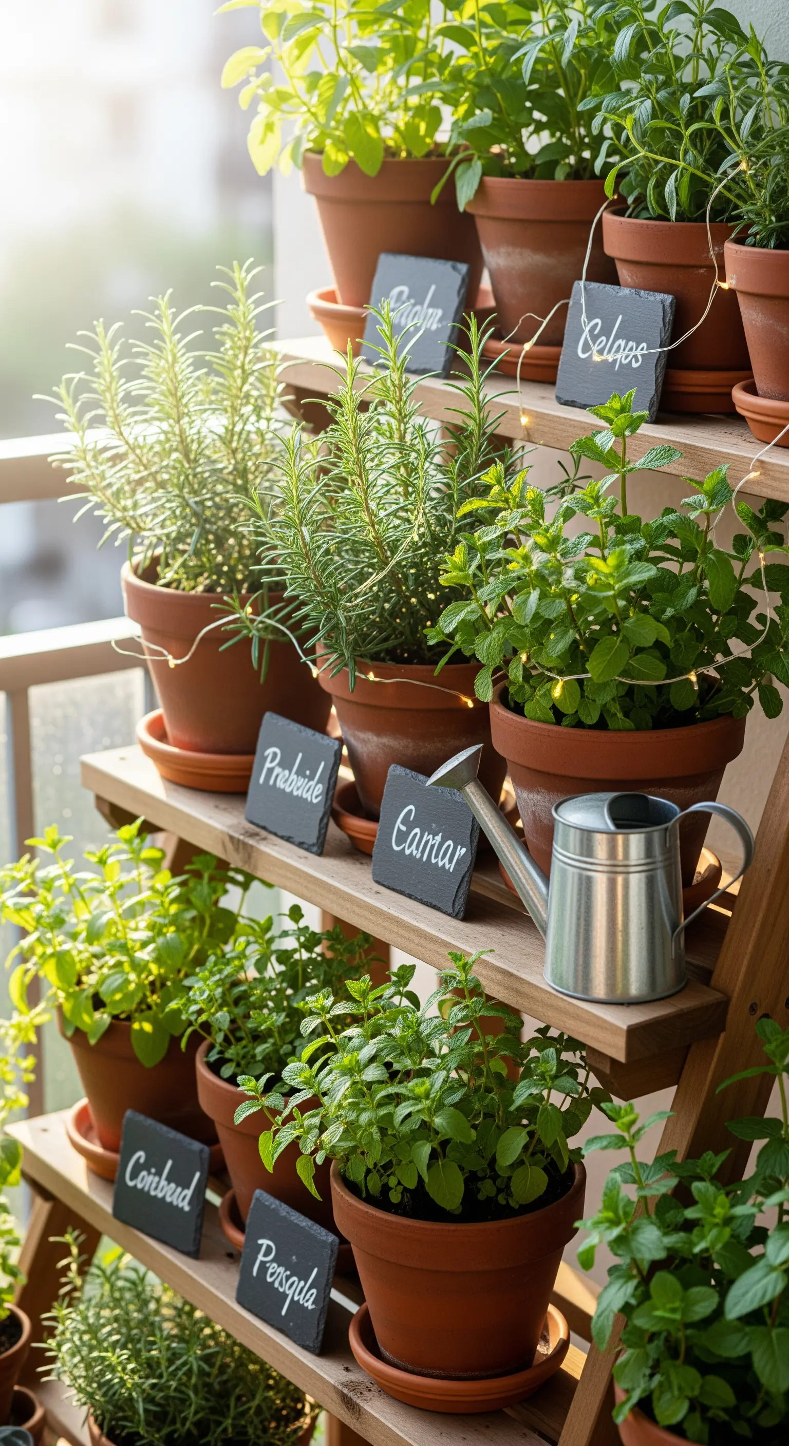 Kräutergarten, Etagenregal, Terracotta Töpfe, Schiefertafeln, organisiert