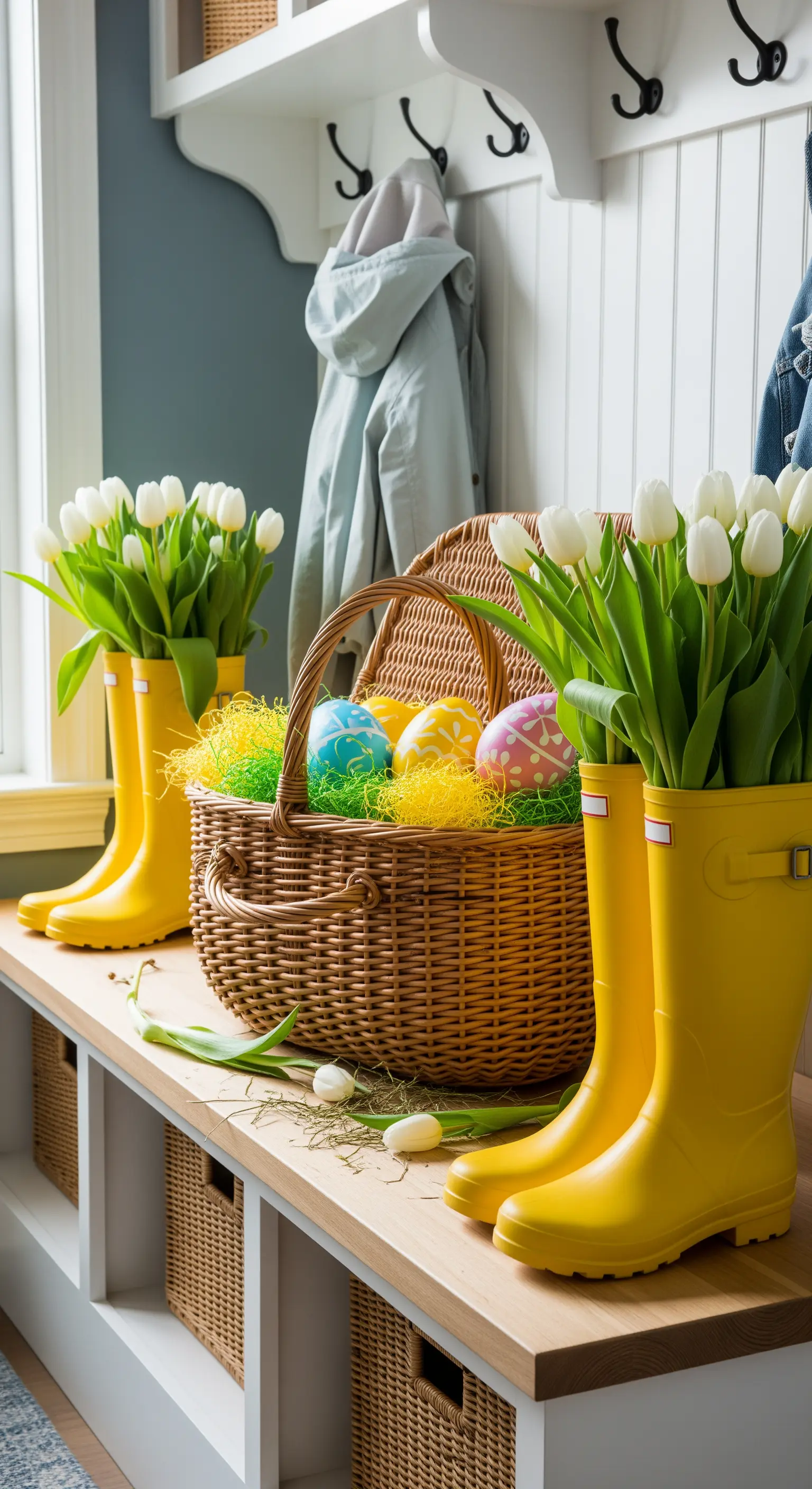Eingangsbereich mit gelben Gummistiefeln, Tulpen und Osterkorb