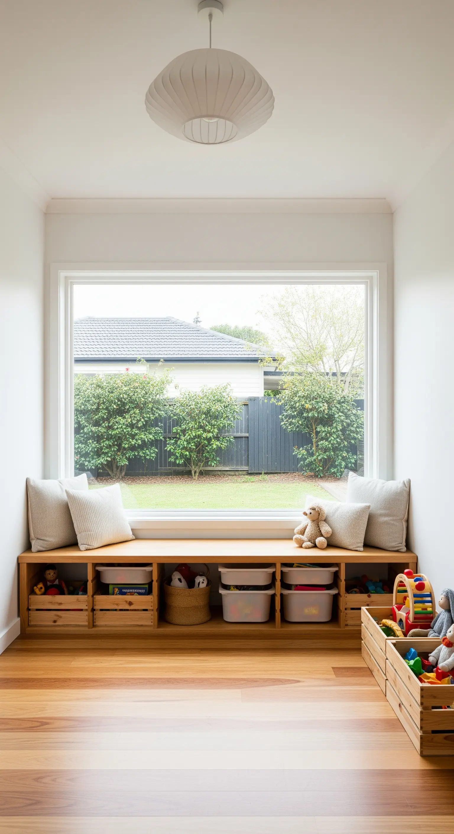 Helles Spielzimmer mit einer langen Holzbank unter einem großen Fenster und Staukisten.