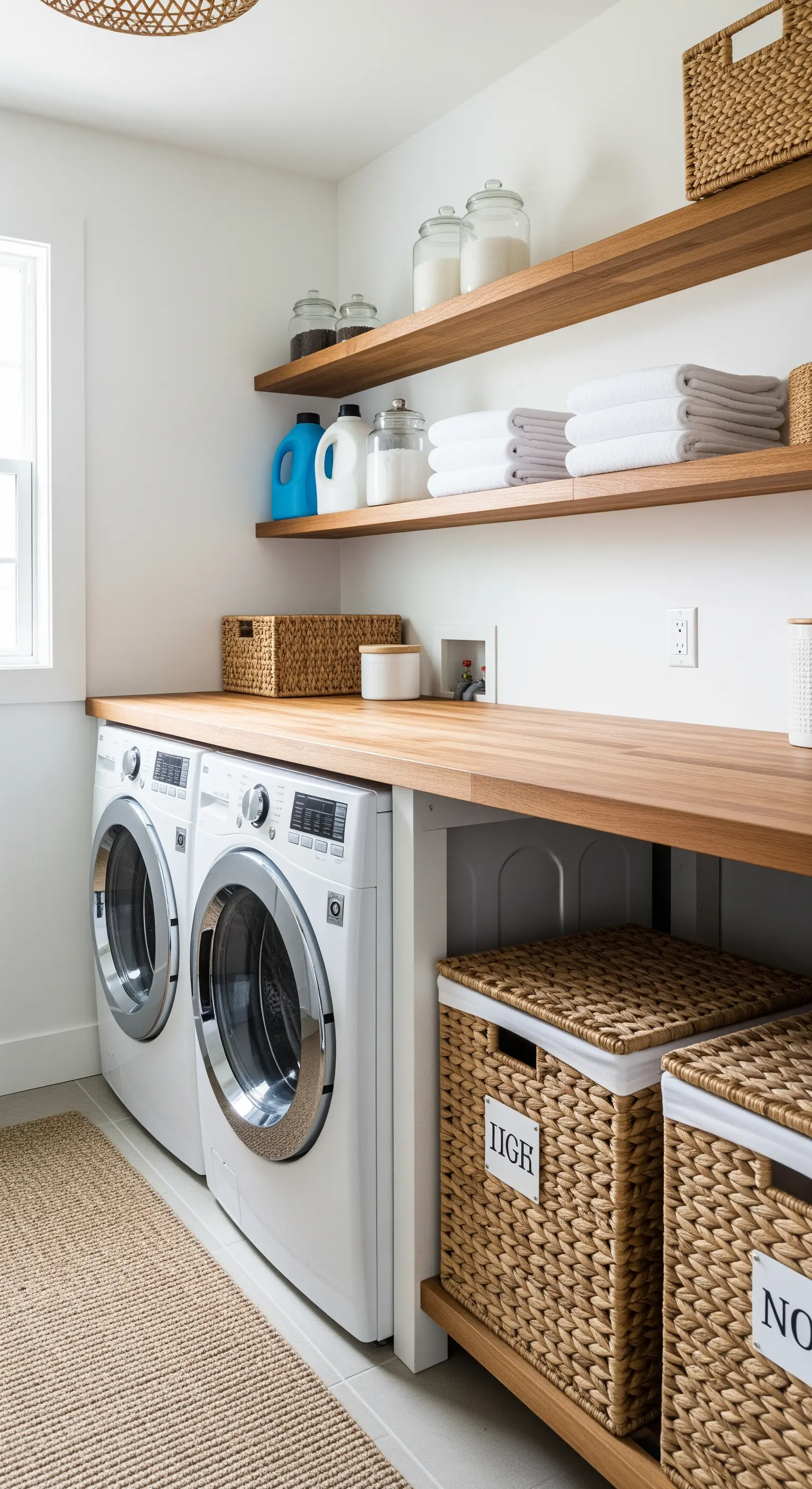 Aufgeräumter Waschraum mit Holzoberflächen und geflochtenen Wäschekörben.