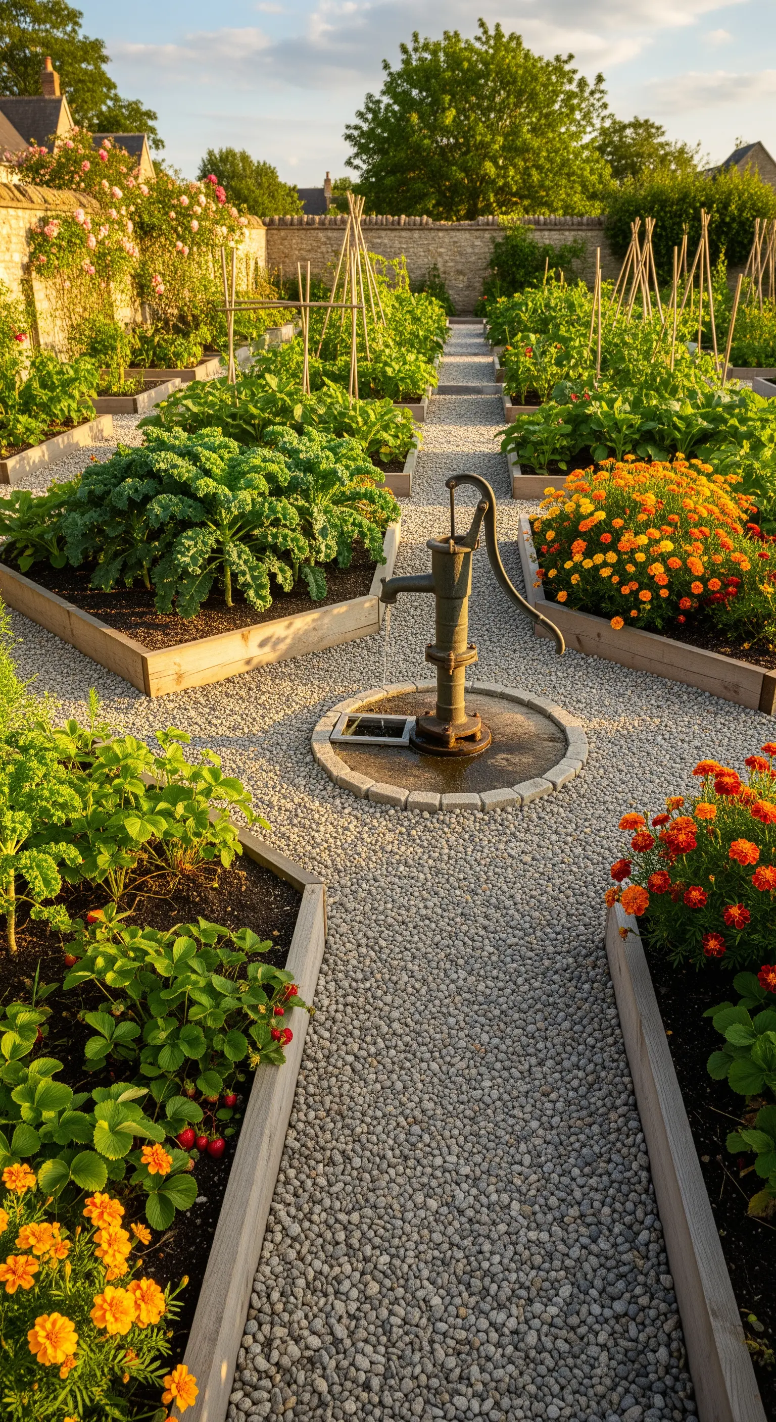 Kieswege in Nutzgarten mit Hochbeeten, Gemüse, Blumen und Wasserpumpe