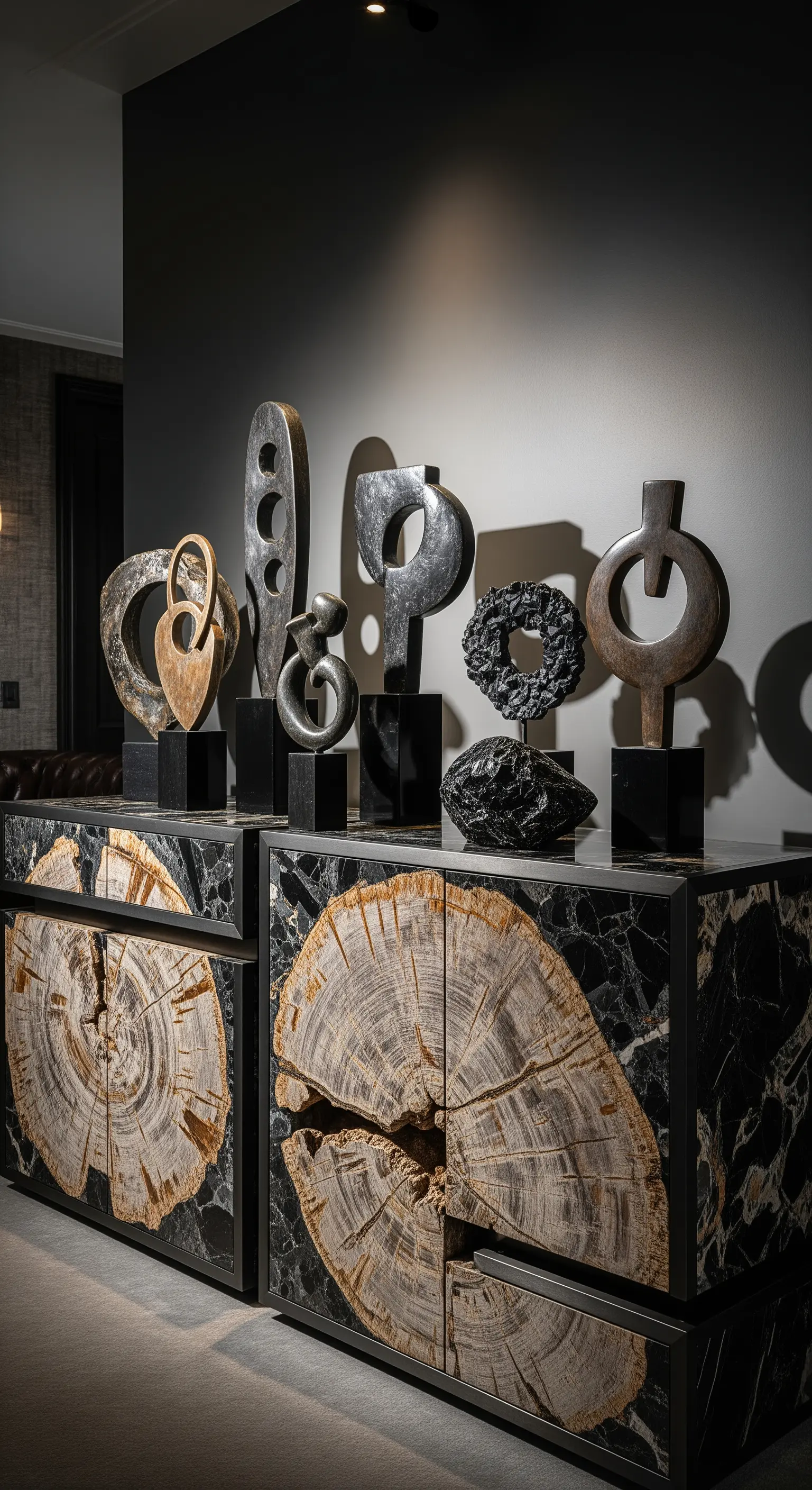 Marmorkommoden mit Holzscheiben-Fronten, dekoriert mit abstrakten Skulpturen