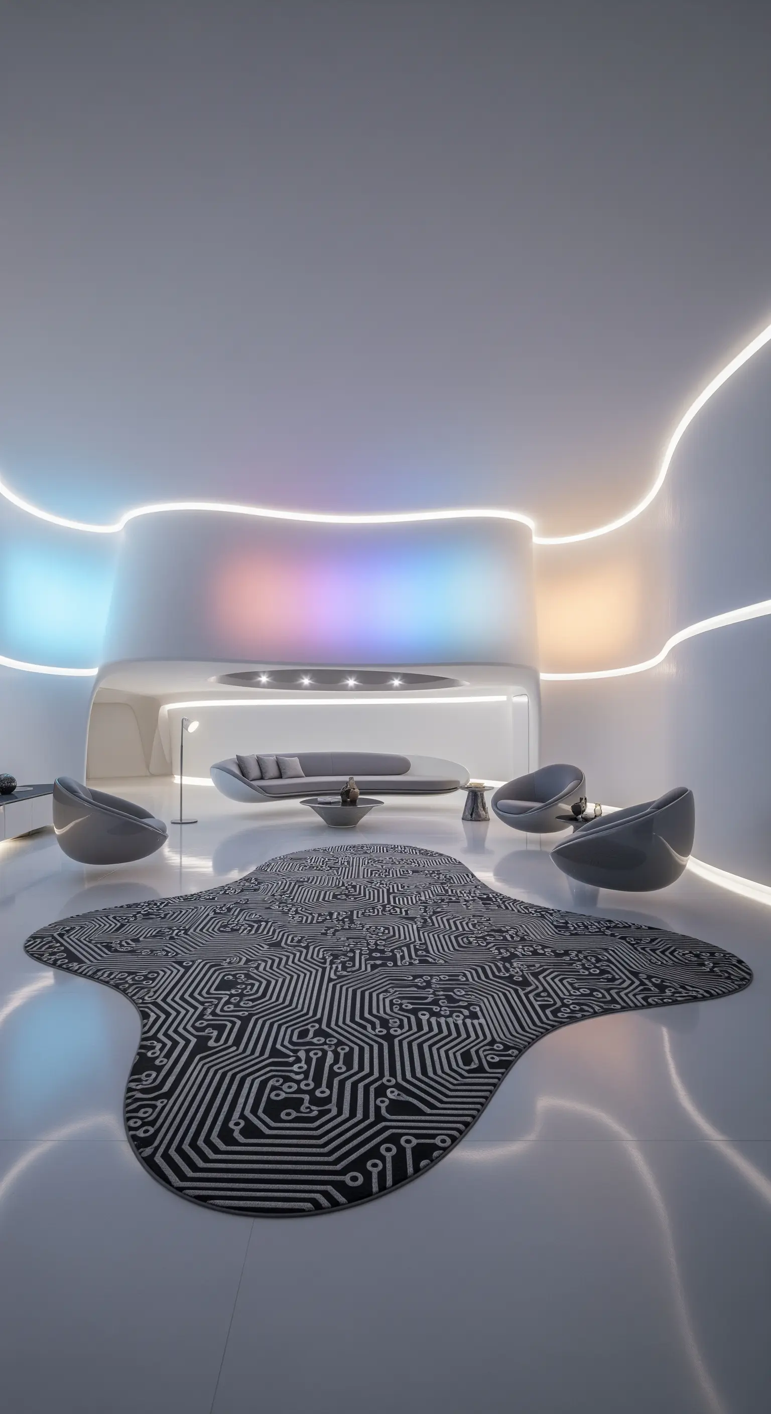 Futuristisches, weißes Interieur mit einem organisch geformten Teppich mit Leiterplatten-Muster.
