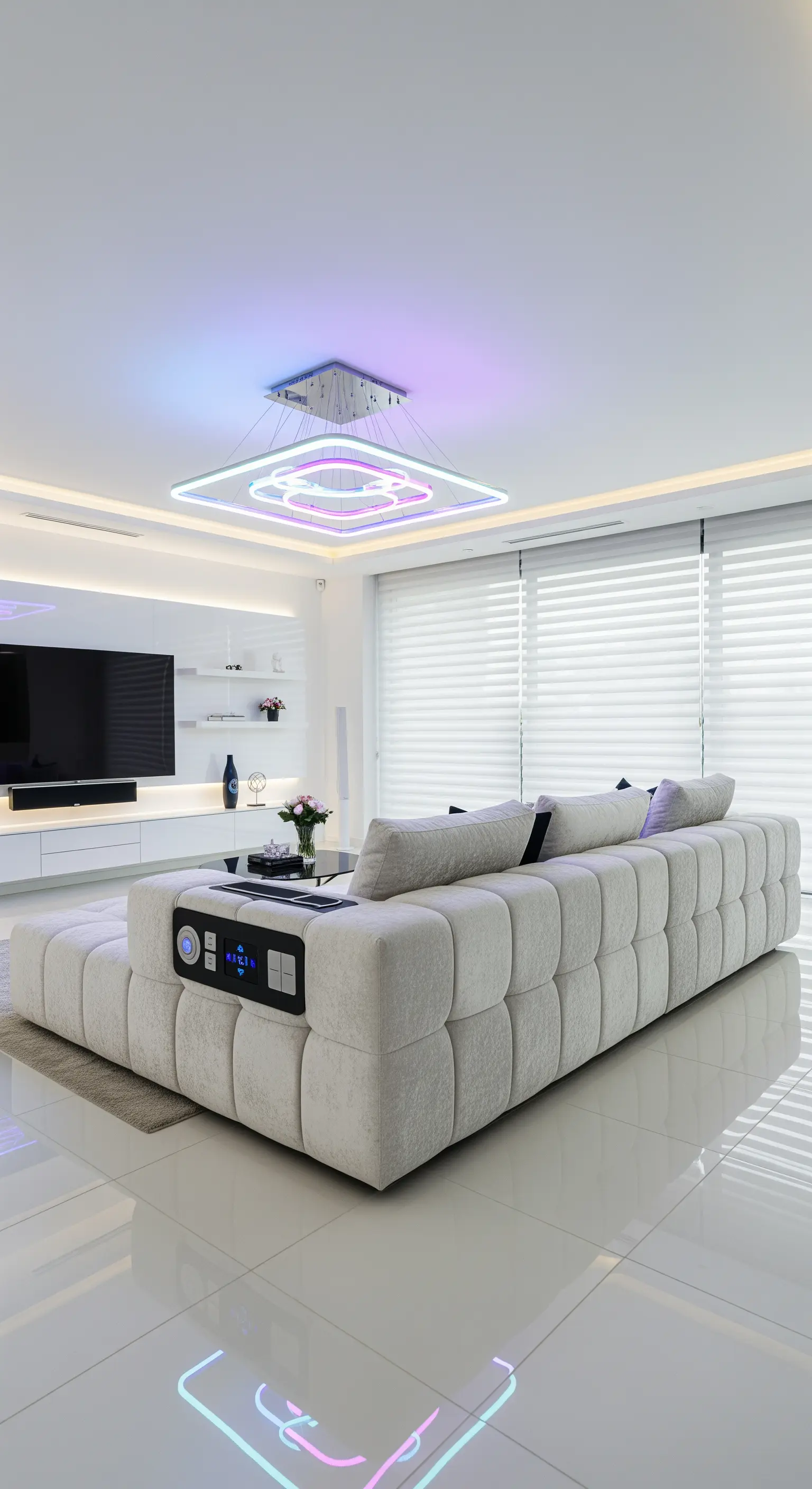 Weisses, modernes modulares Sofa mit integrierter Technik und bunter LED-Deckenbeleuchtung.