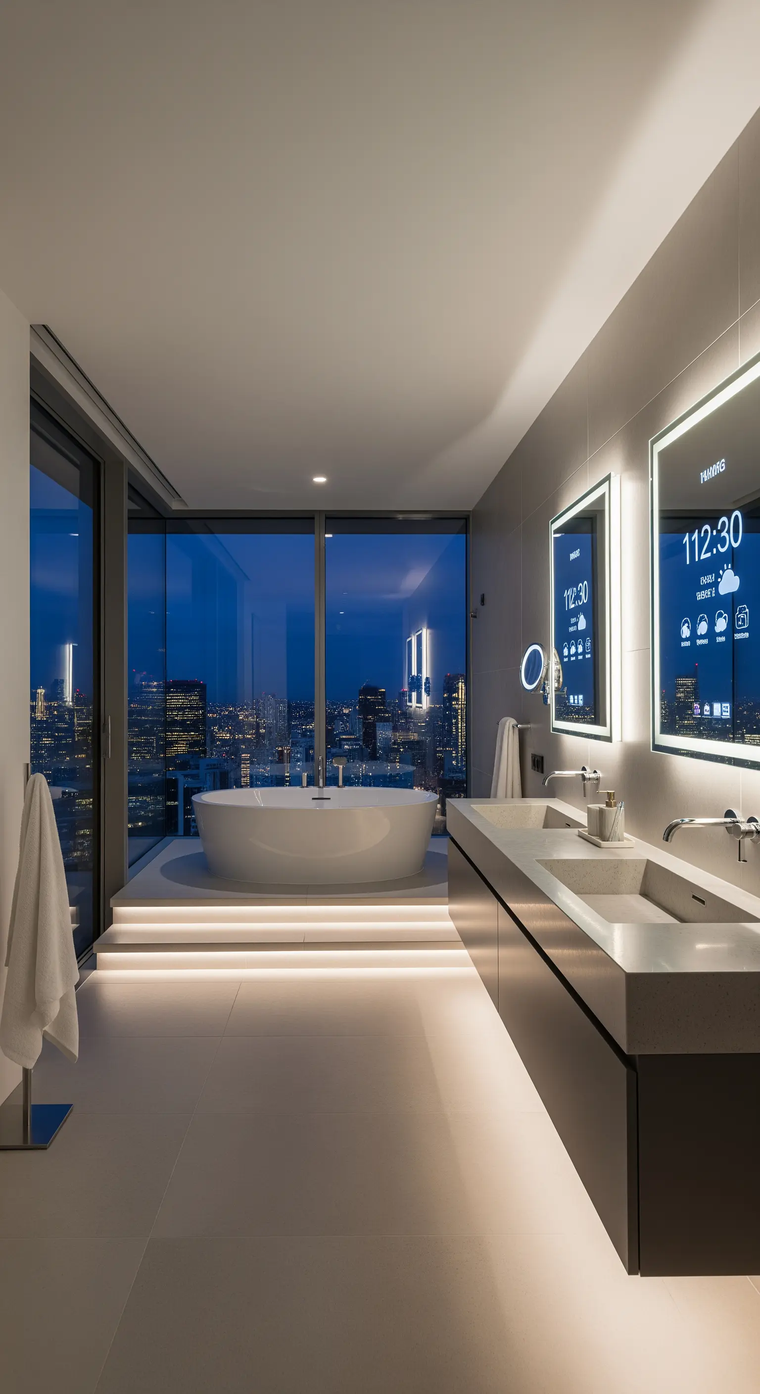 Modernes Badezimmer mit Smart-Spiegeln, LED-Beleuchtung und Blick auf die Stadt.