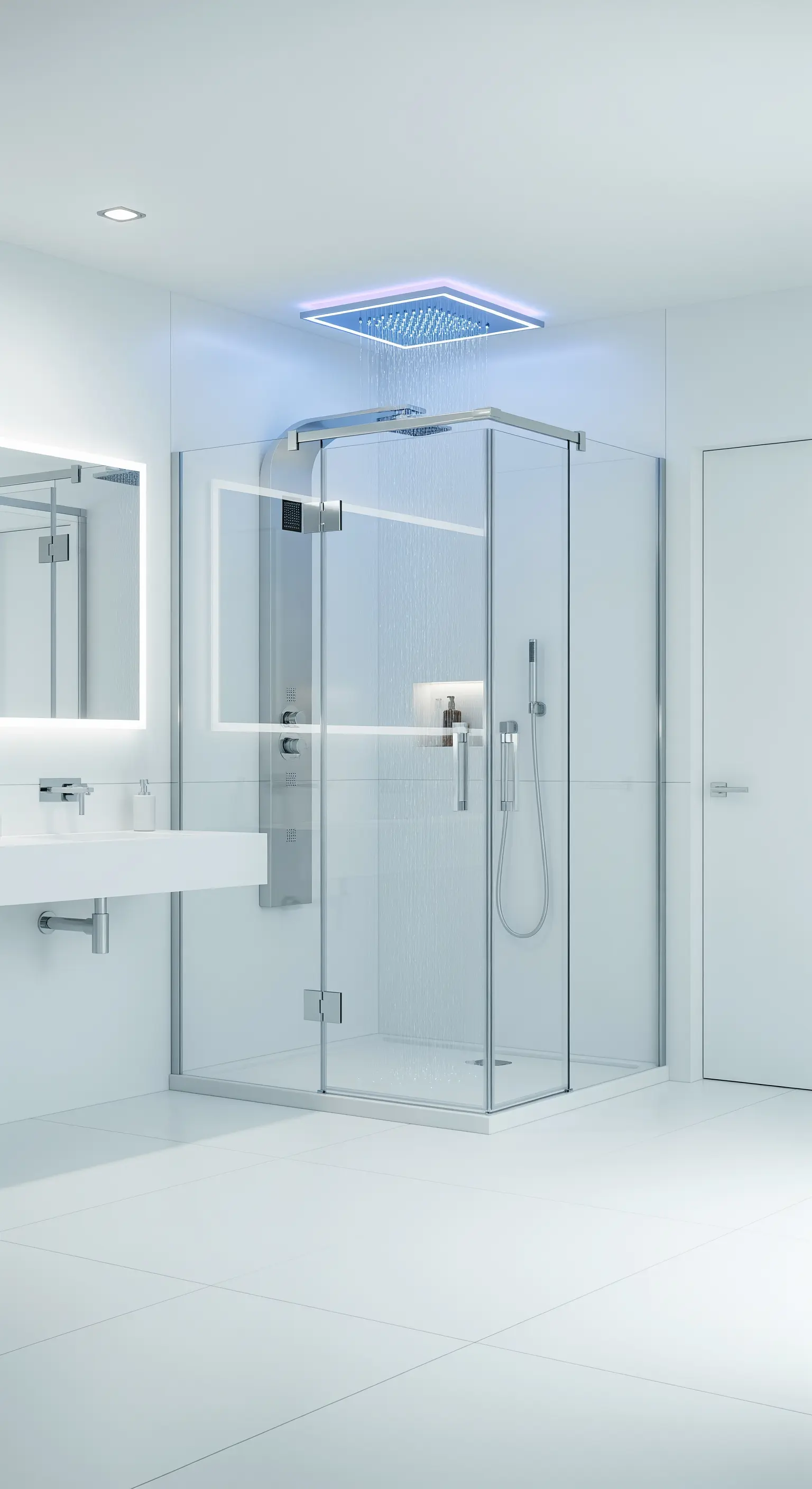 Futuristisches weißes Badezimmer mit einer Glasdusche und farbiger LED-Regenbrause