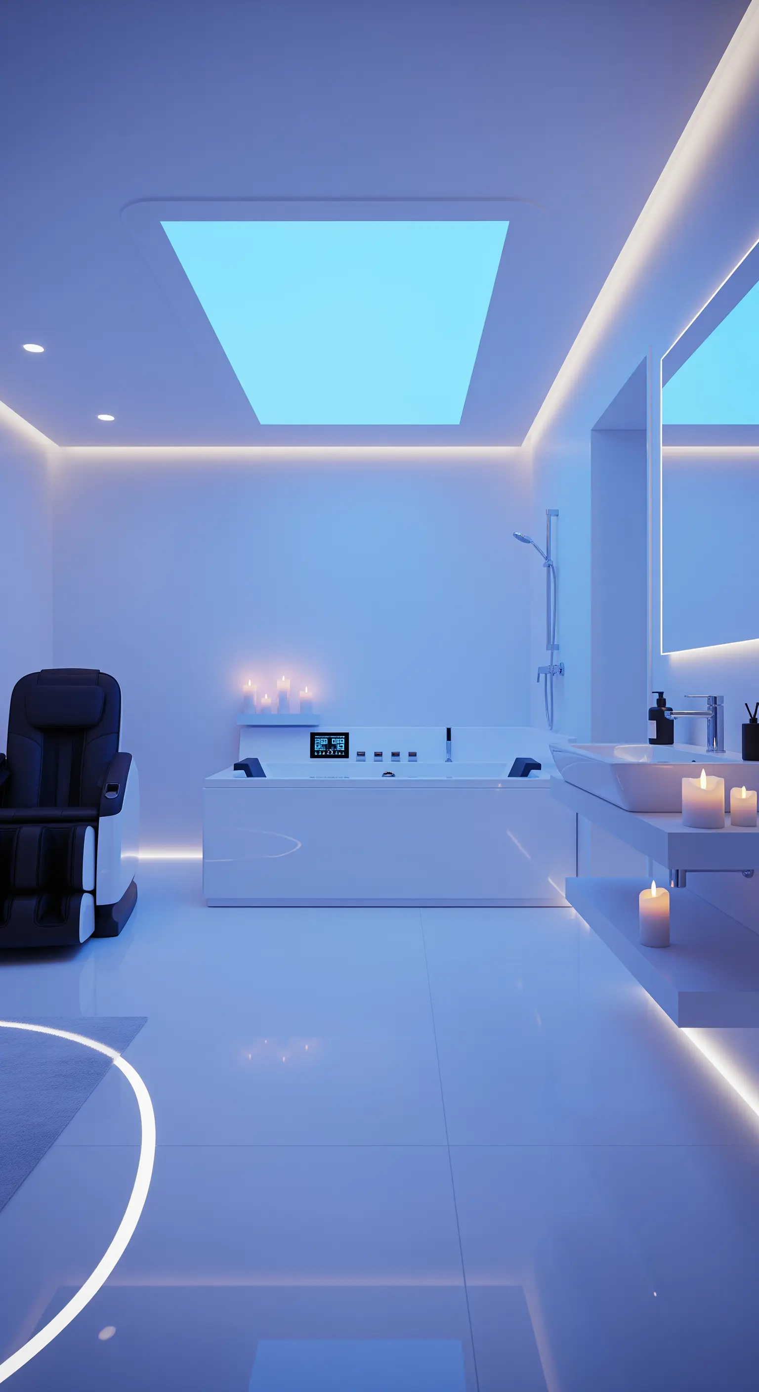 Futuristisches Badezimmer mit blauer LED-Beleuchtung und modernem Massagesessel.