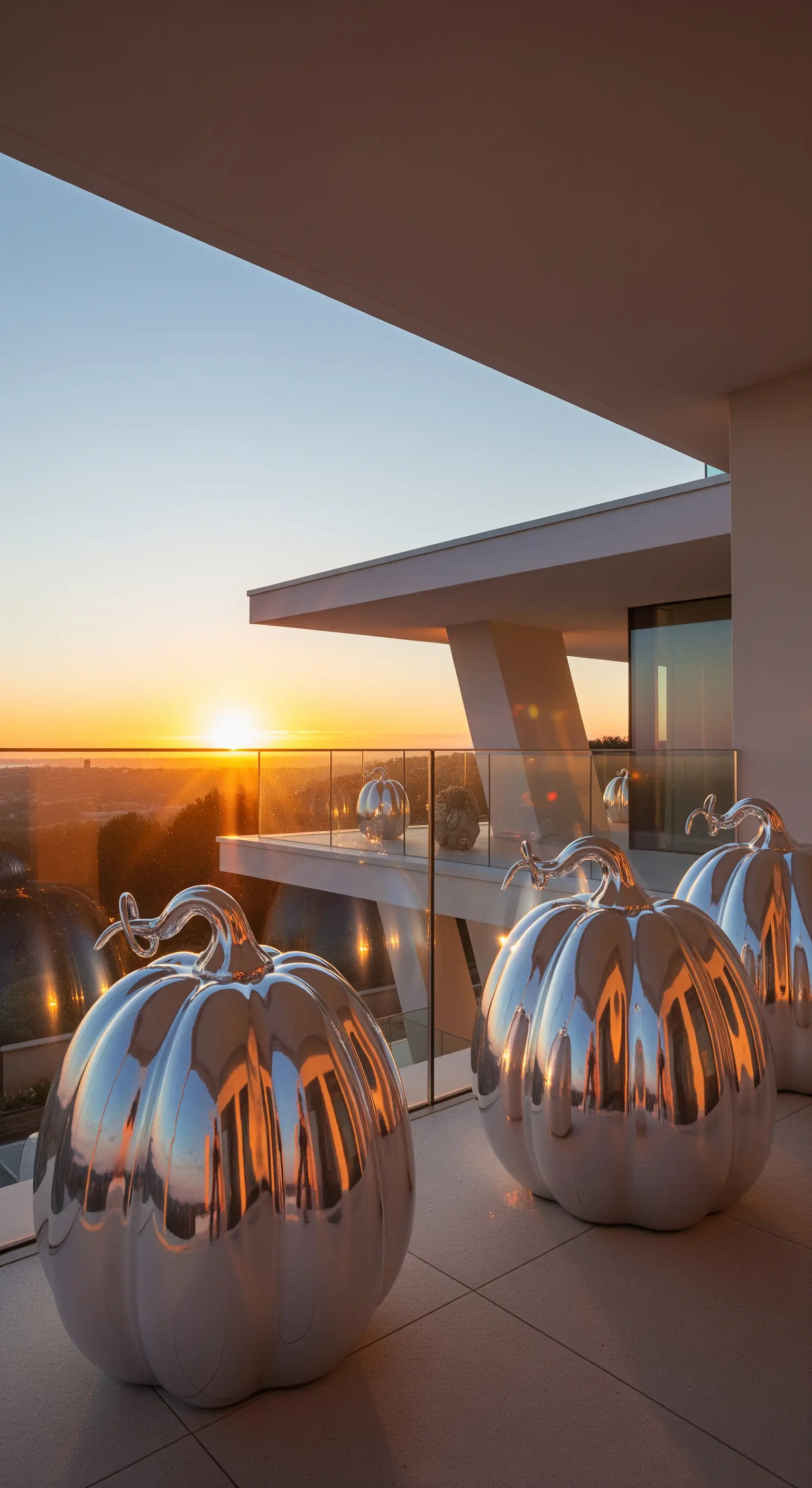 Moderner Balkon mit großformatigen silbernen Keramikkürbissen bei Sonnenuntergang.