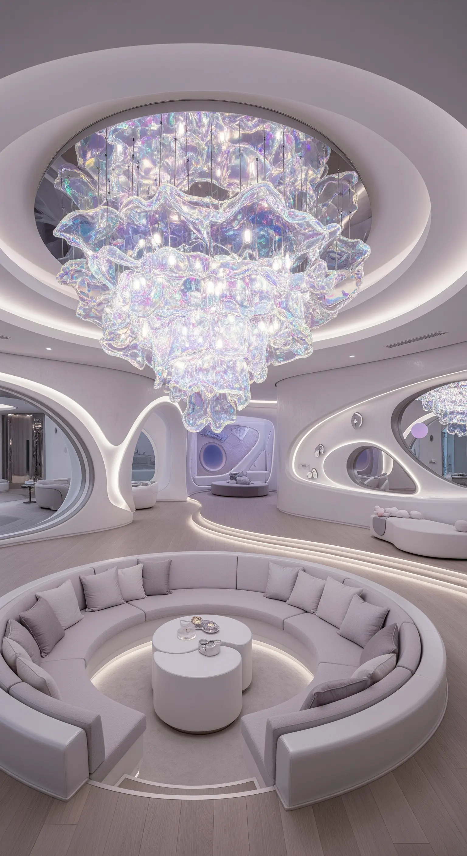 Futuristischer Kronleuchter aus schillerndem, blasenförmigem Glas in einem weißen, organisch geformten Raum.