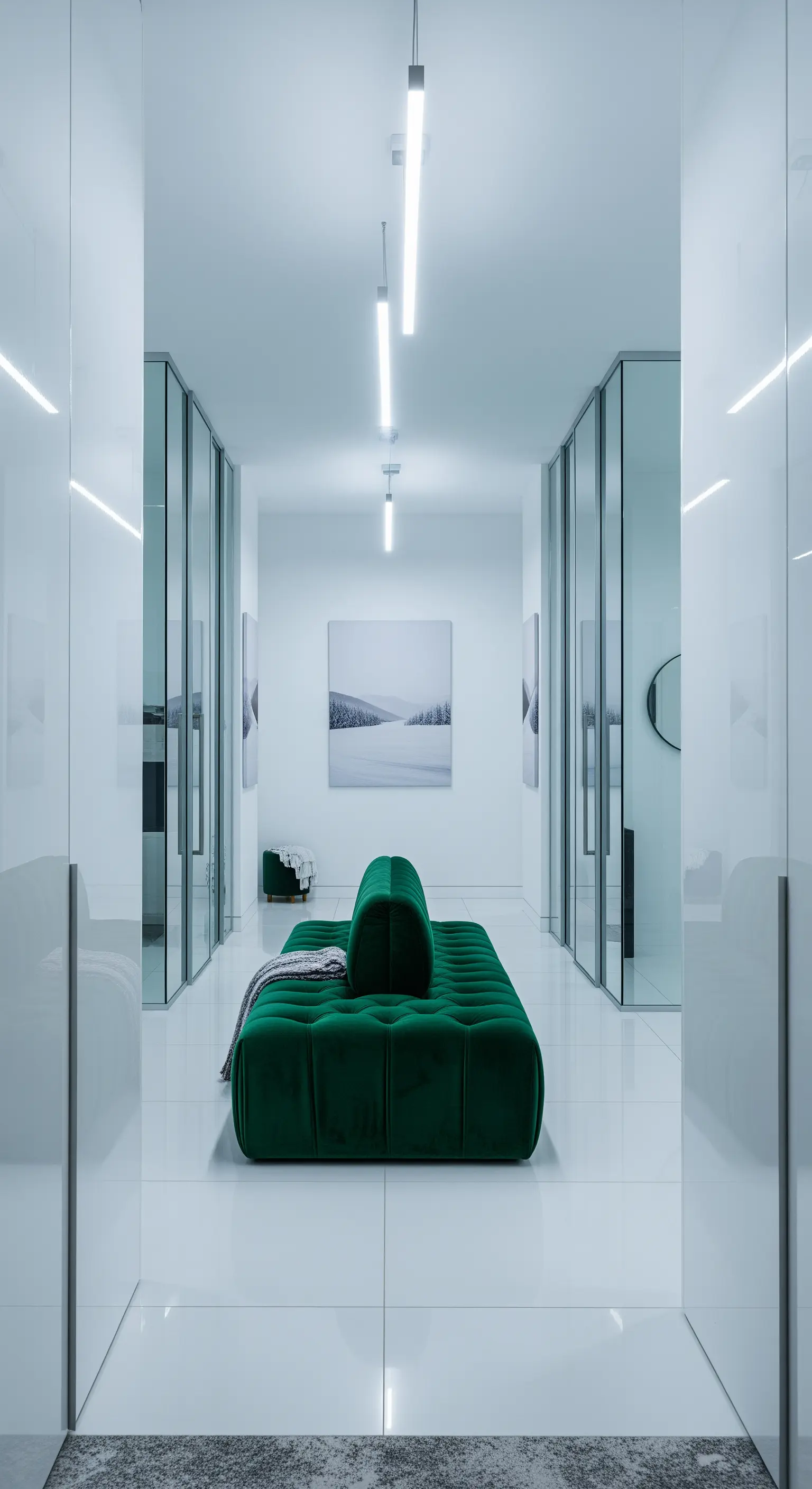 Futuristischer weißer Flur mit grünem Samtsofa, Glaswänden und minimalistischer Beleuchtung