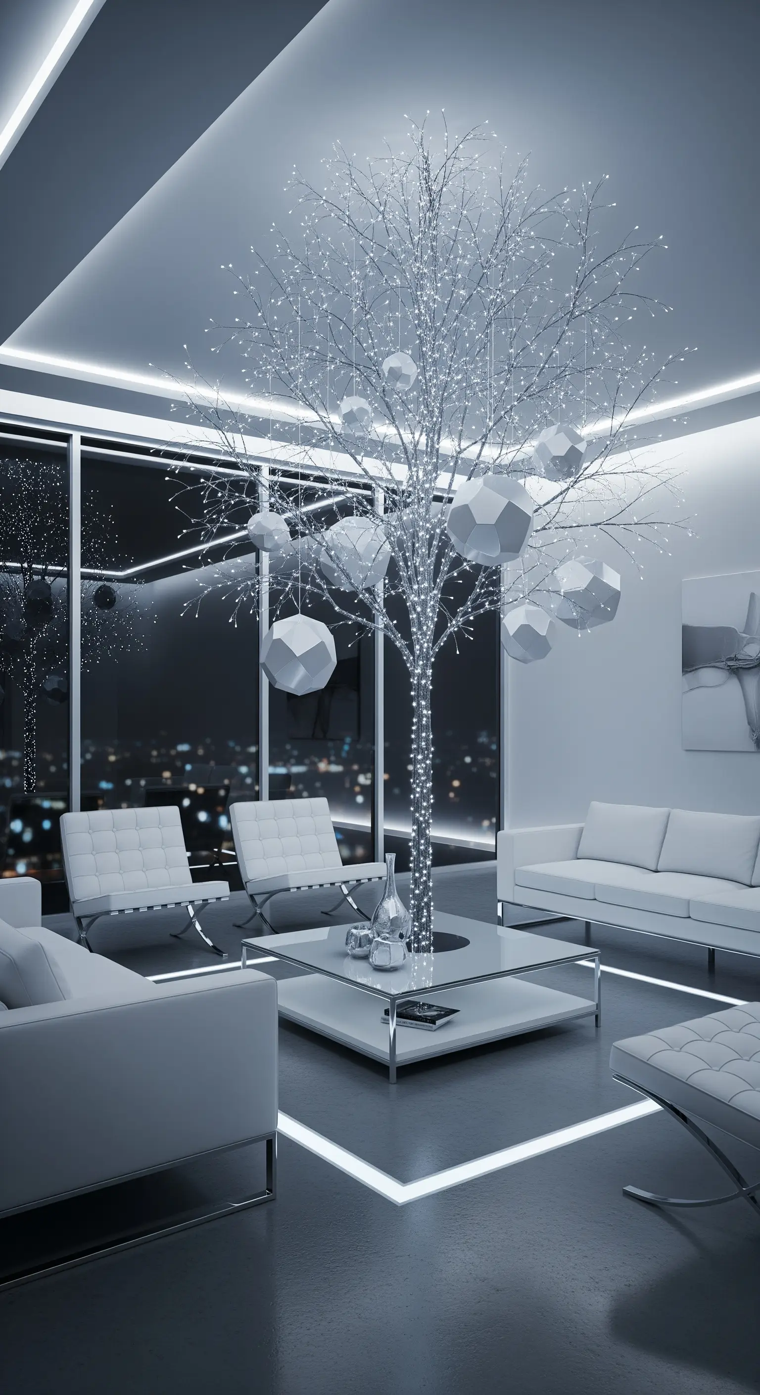 Beleuchteter Astbaum mit geometrischen Ornamenten in futuristischem Wohnzimmer.