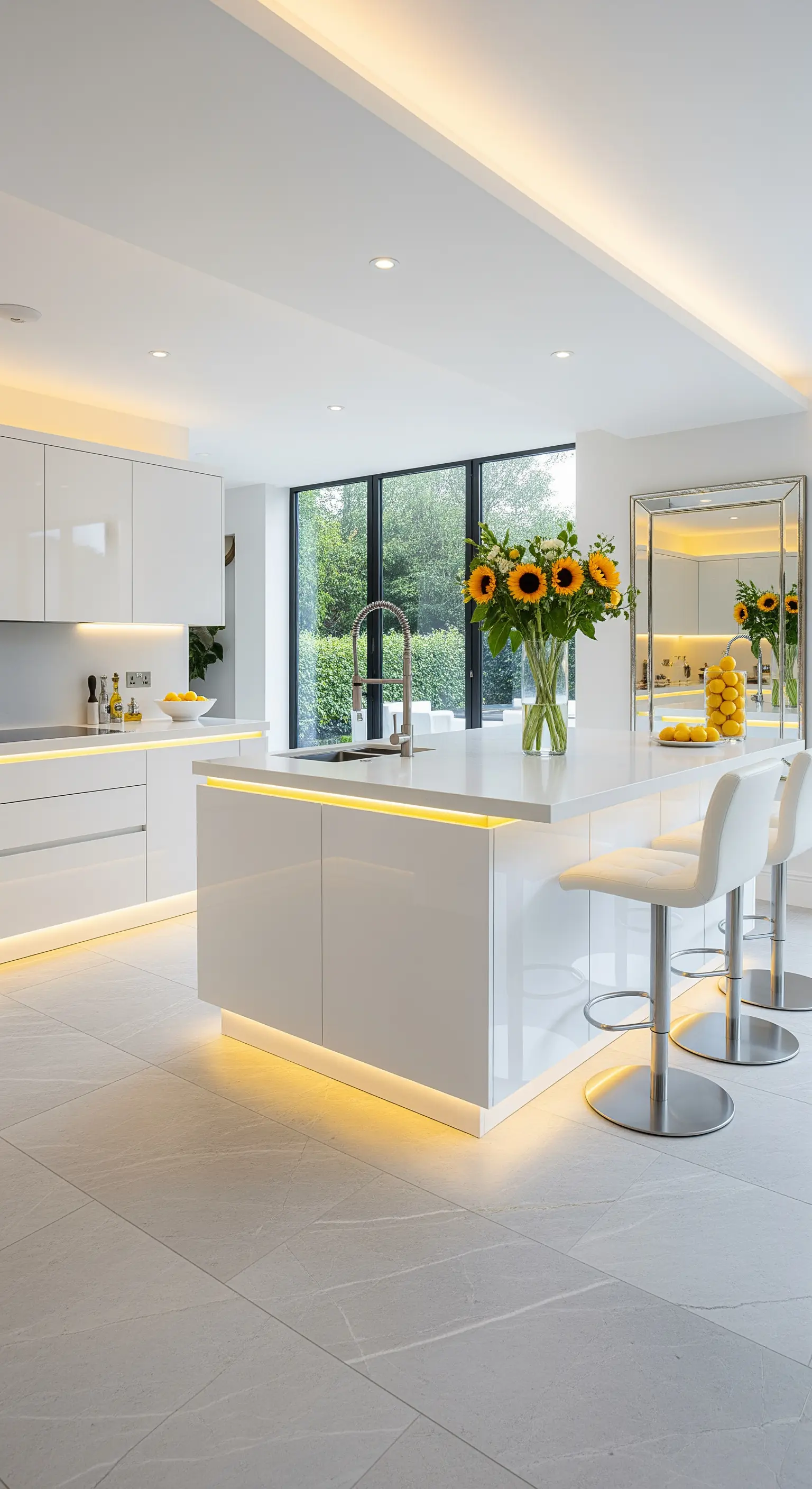 Weiße Küche mit gelber LED-Beleuchtung, Sonnenblumen und Zitronen.