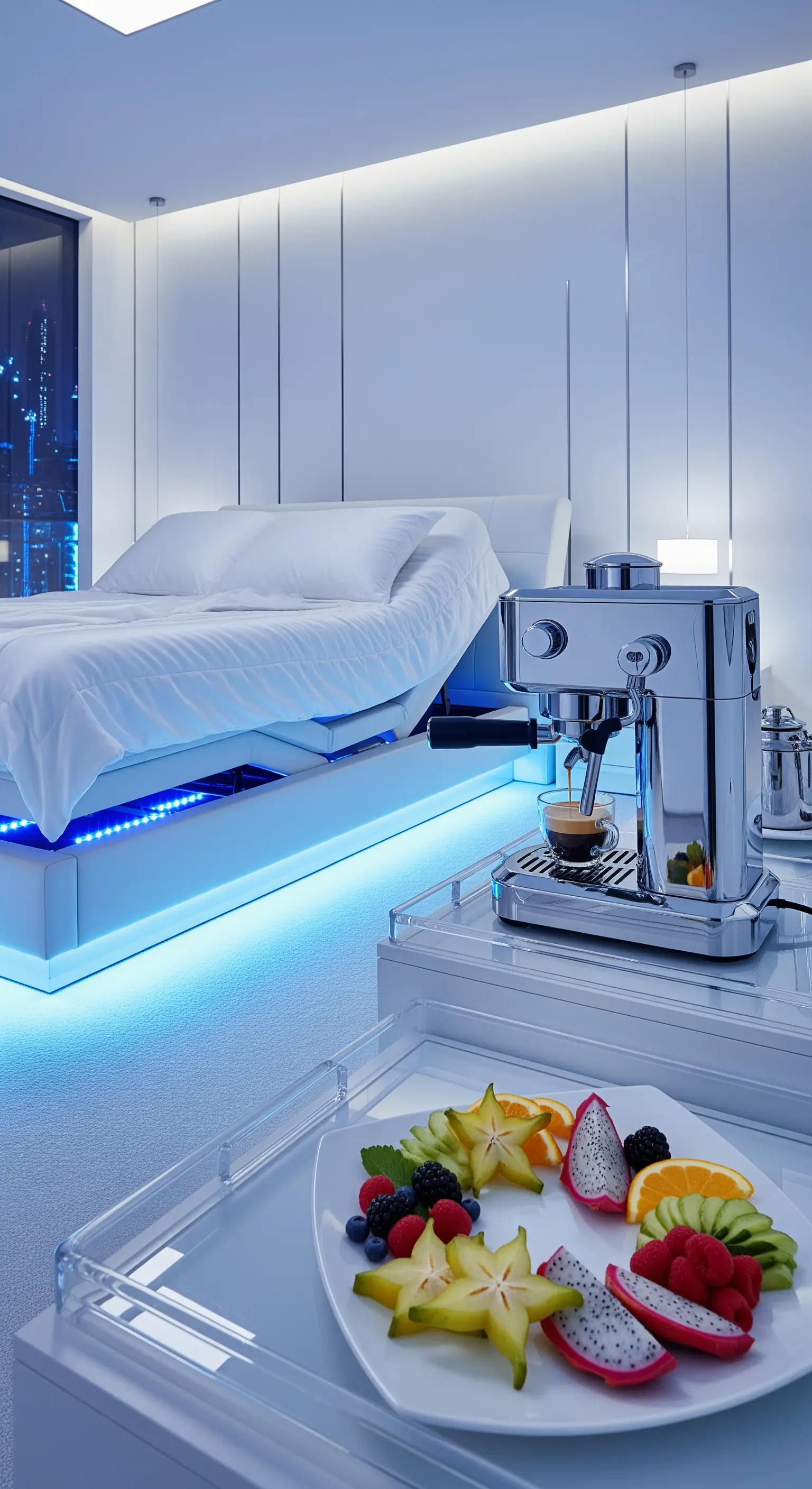 Futuristisches Frühstück mit Neonlicht, exotischen Früchten und Espressomaschine in Weiß