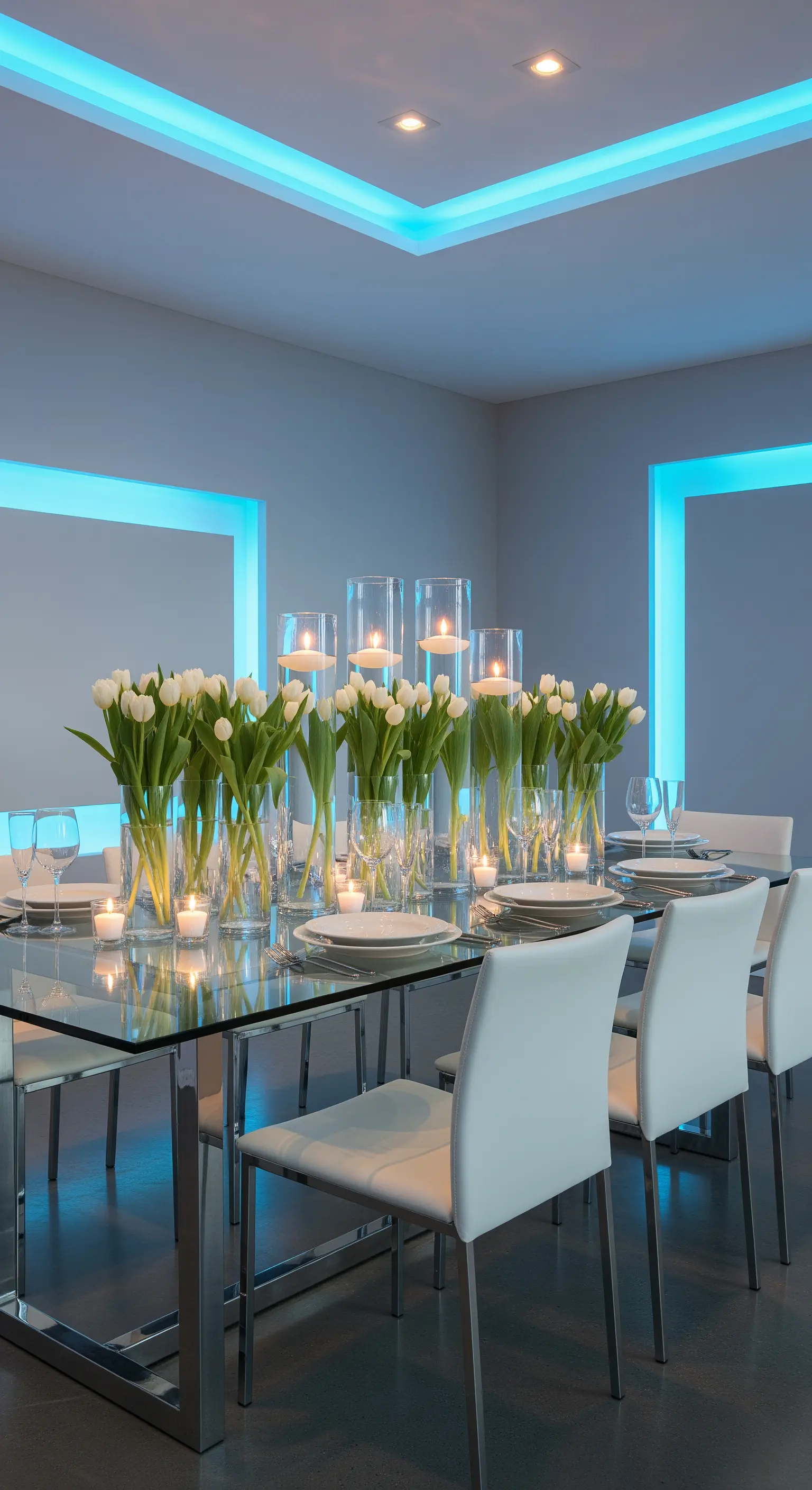 Moderne Osterdeko: Weiße Tulpen, schwimmende Kerzen und blaue LED-Akzente