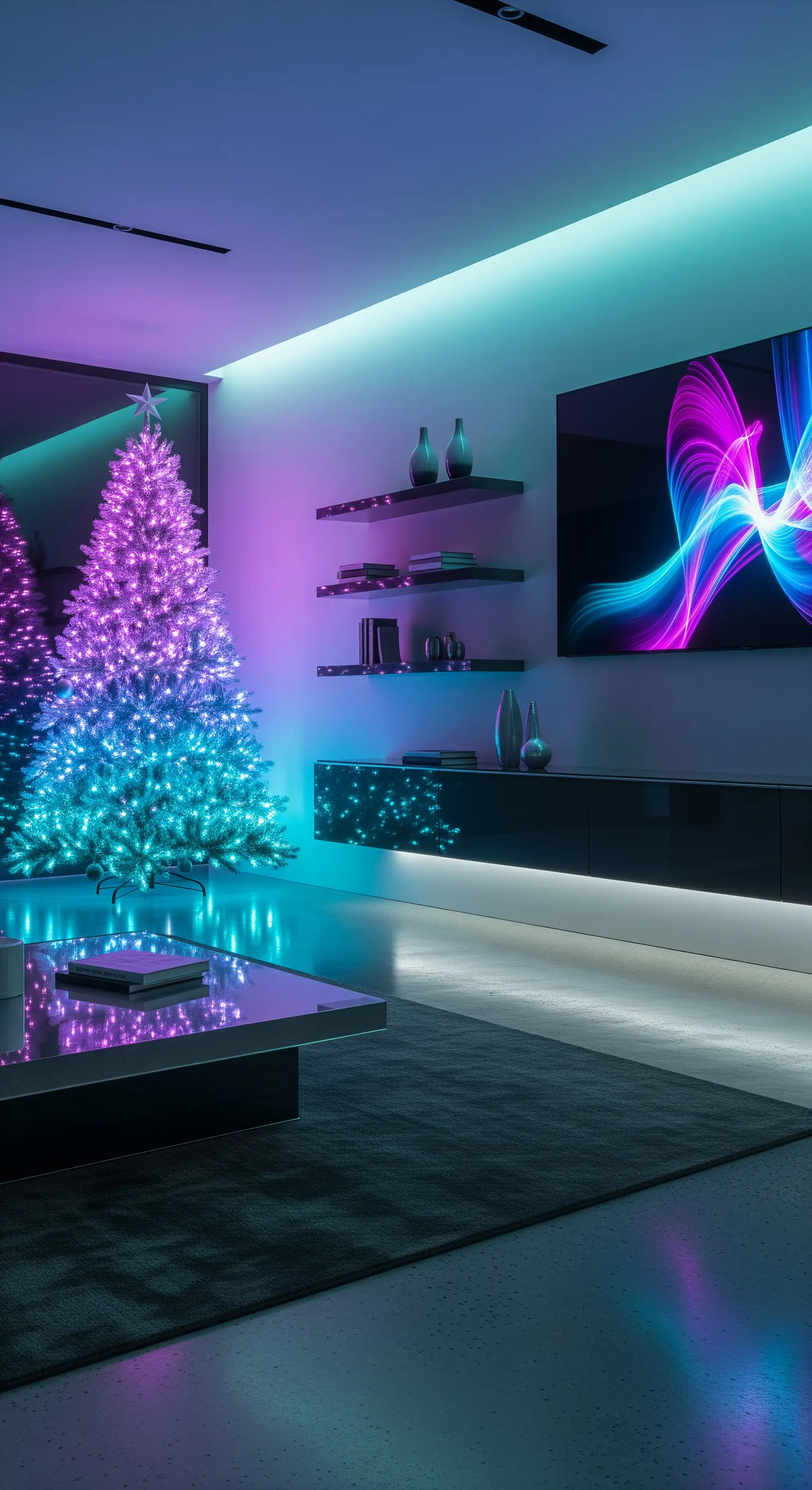 Futuristische Weihnachtsdeko, Neonlicht, pink-türkiser Baum, LED-Streifen