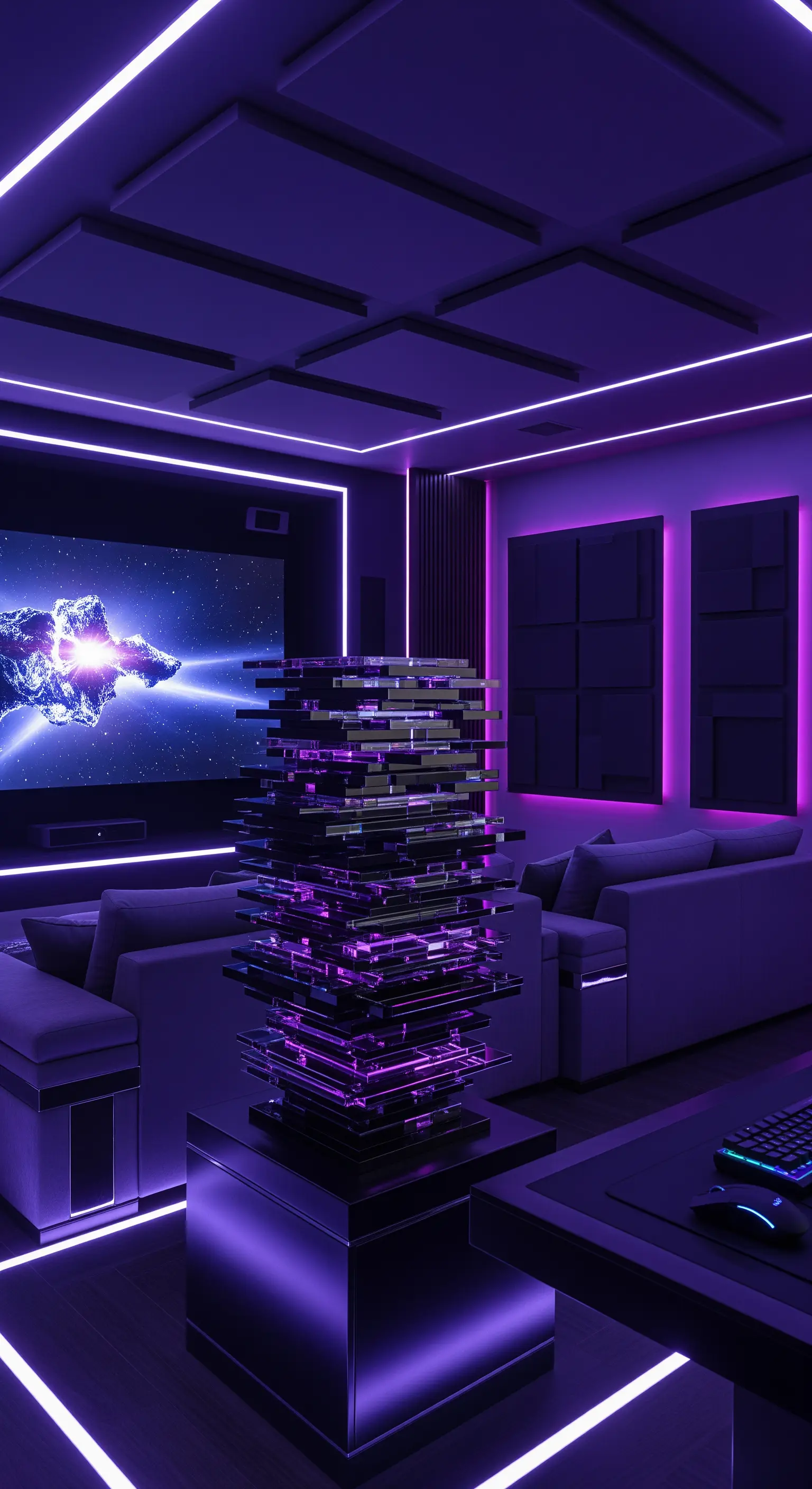 Abstrakte Leuchtskulptur in Lila-Neon-Medienraum.