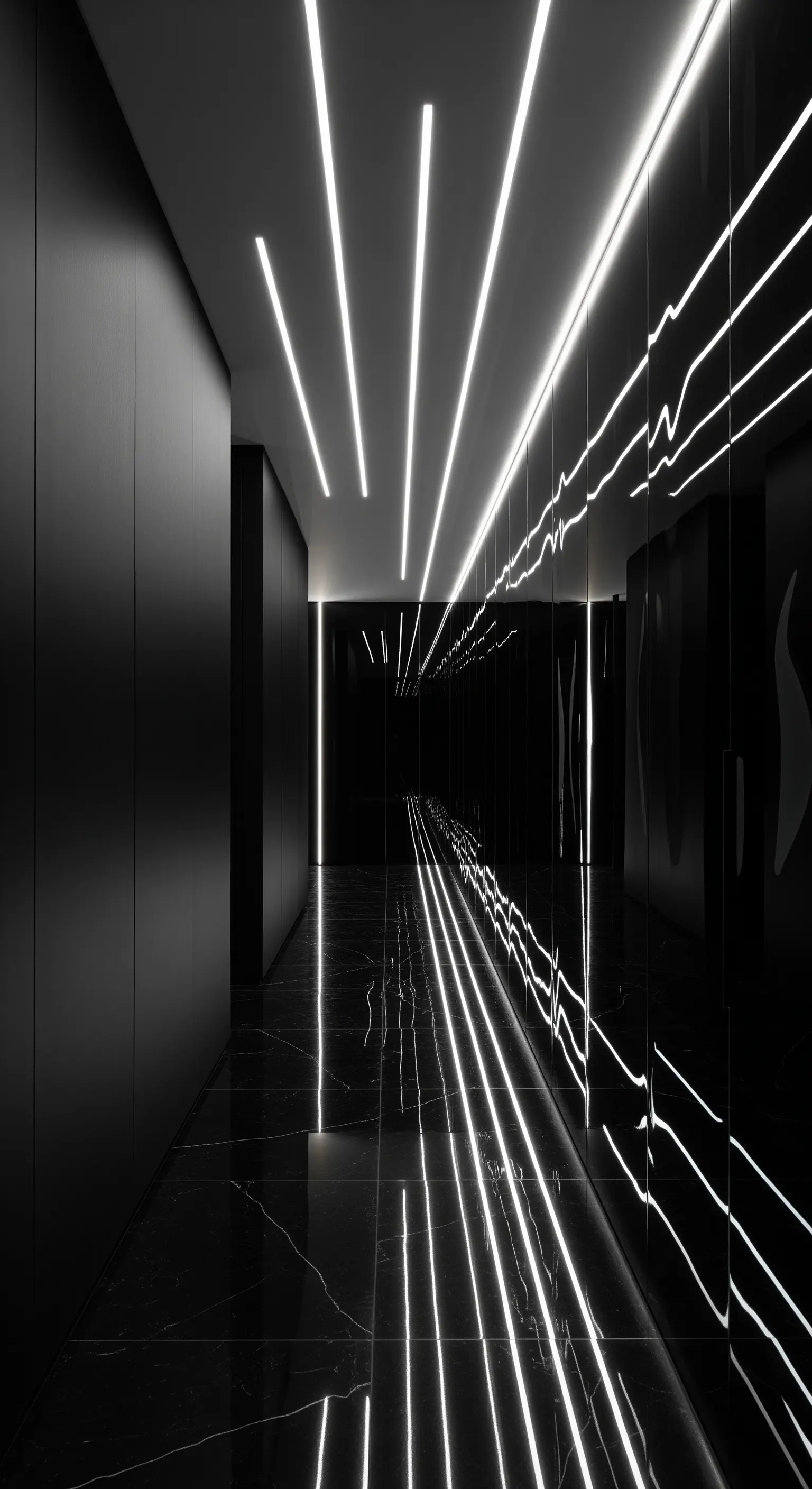 Futuristischer Flur mit LED-Lichtstreifen, reflektierendem Marmorboden und Spiegeleffekten