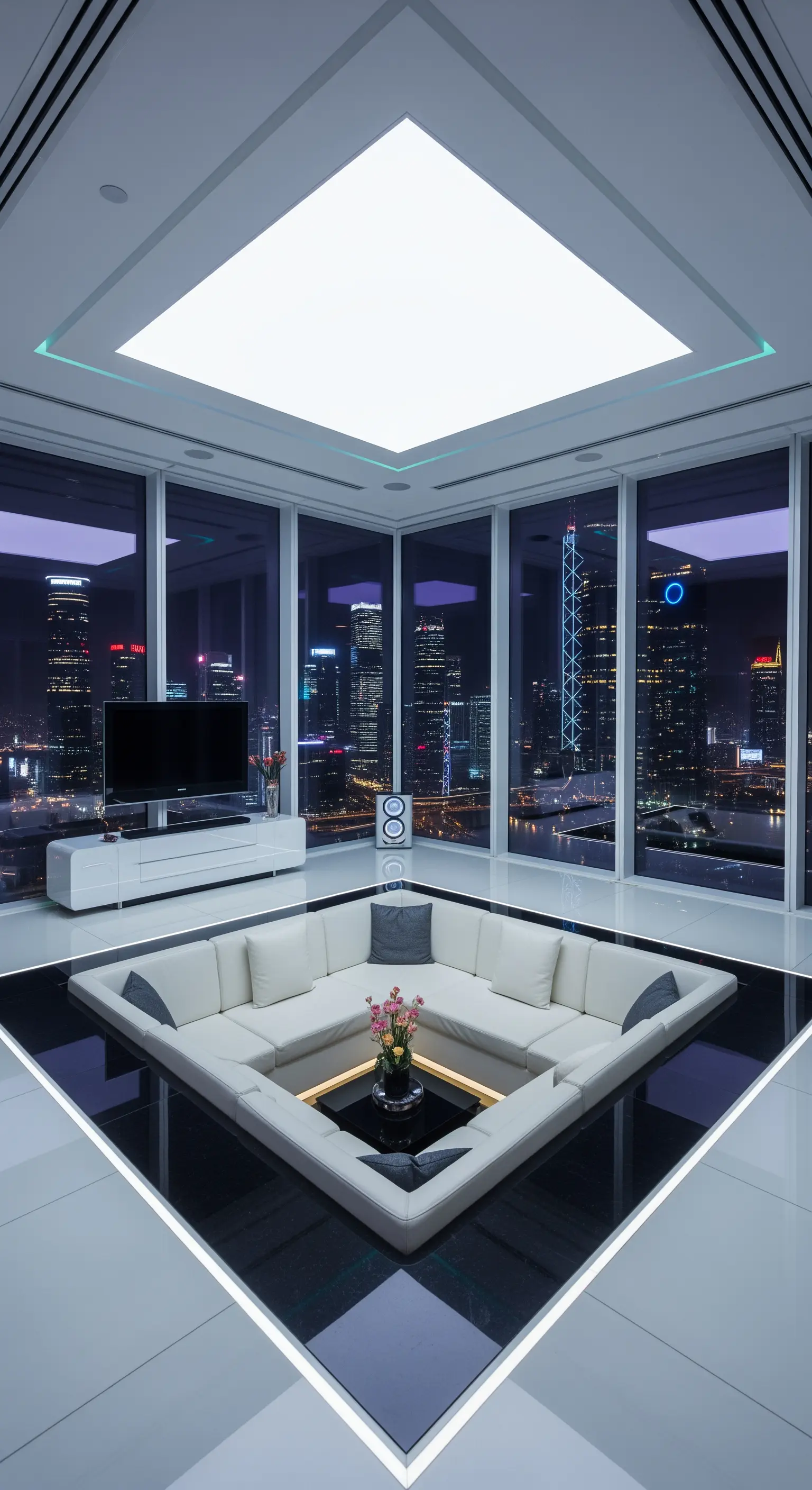 Modernes Wohnzimmer mit versenkter weißer Sofalandschaft und LED-Beleuchtung