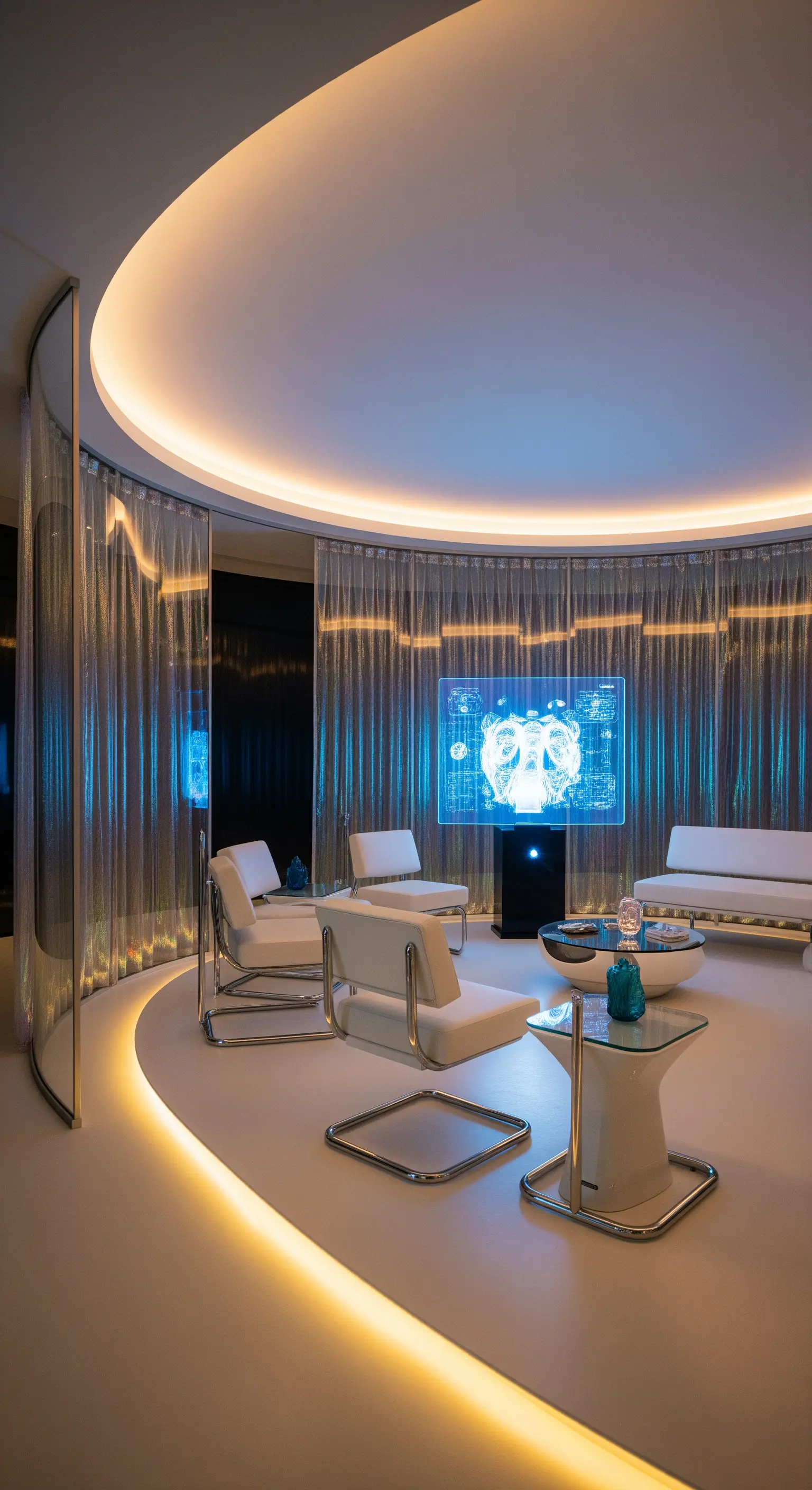 Futuristischer runder Raum mit silbernen Metallvorhängen und integrierter LED-Beleuchtung.