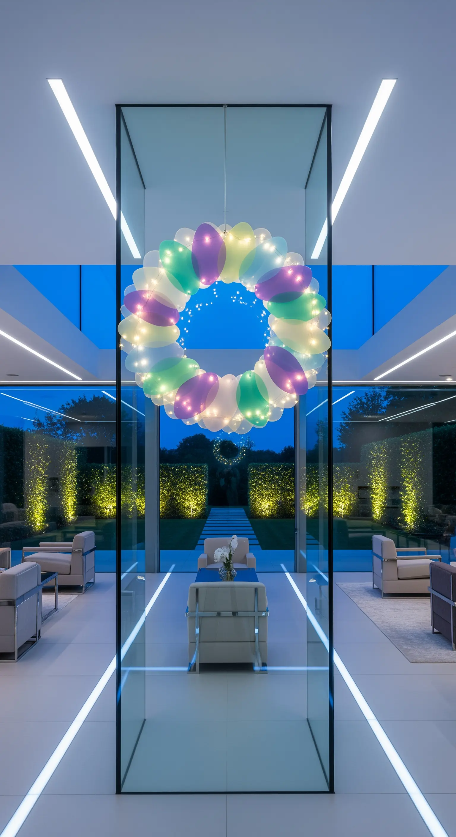 Beleuchteter Ballon-Kranz in einem modernen Interieur