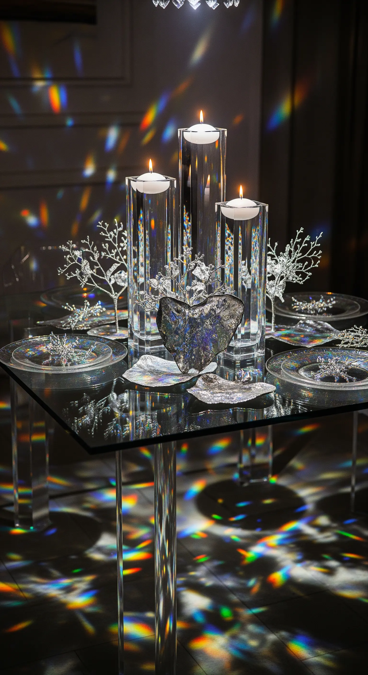 Glastisch mit zylindrischen Vasen, schwimmenden Kerzen und farbigen Lichtreflexionen.