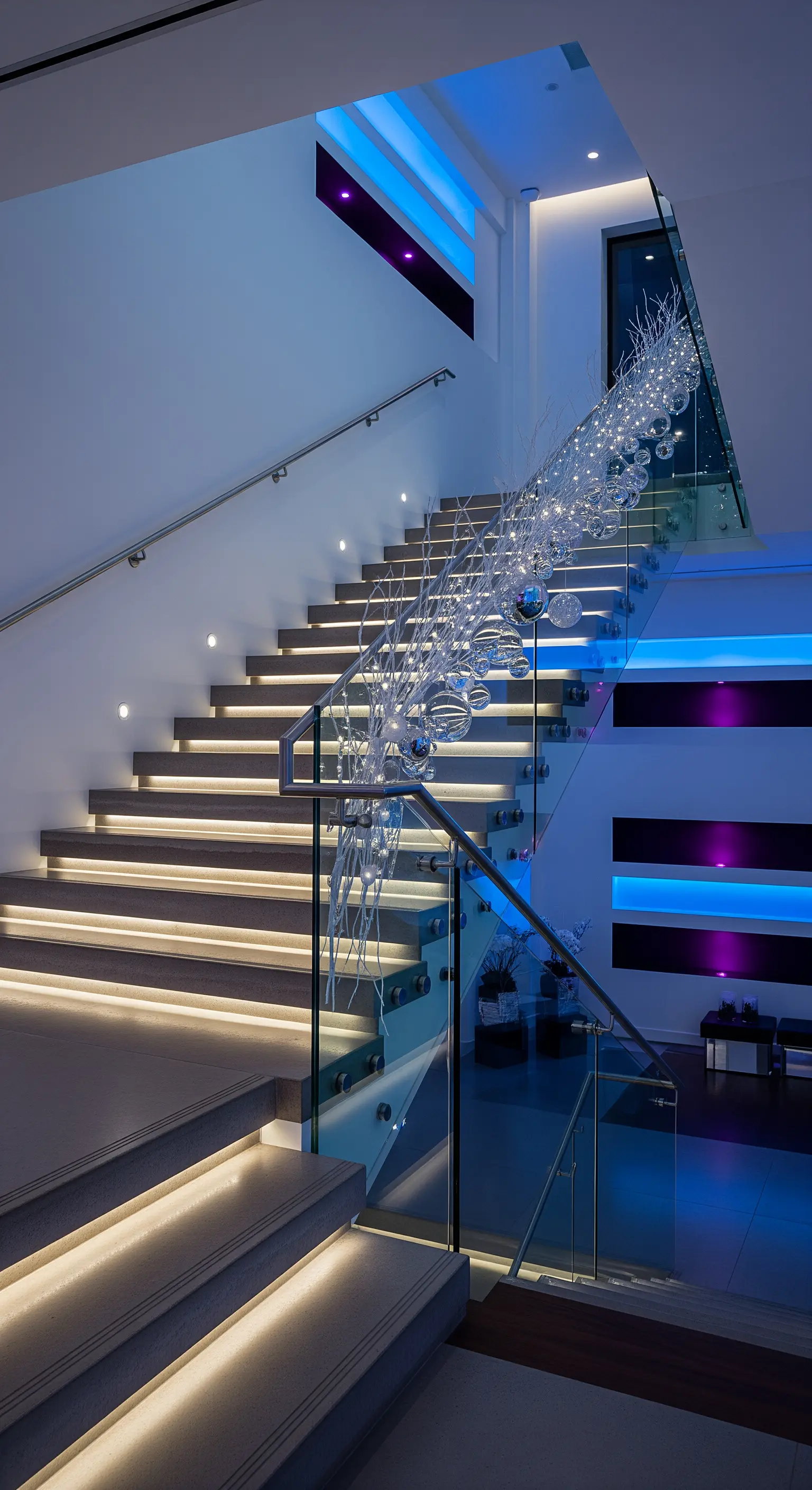 Moderne Treppe mit leuchtenden Stufen und skulpturaler Glaslichtinstallation.