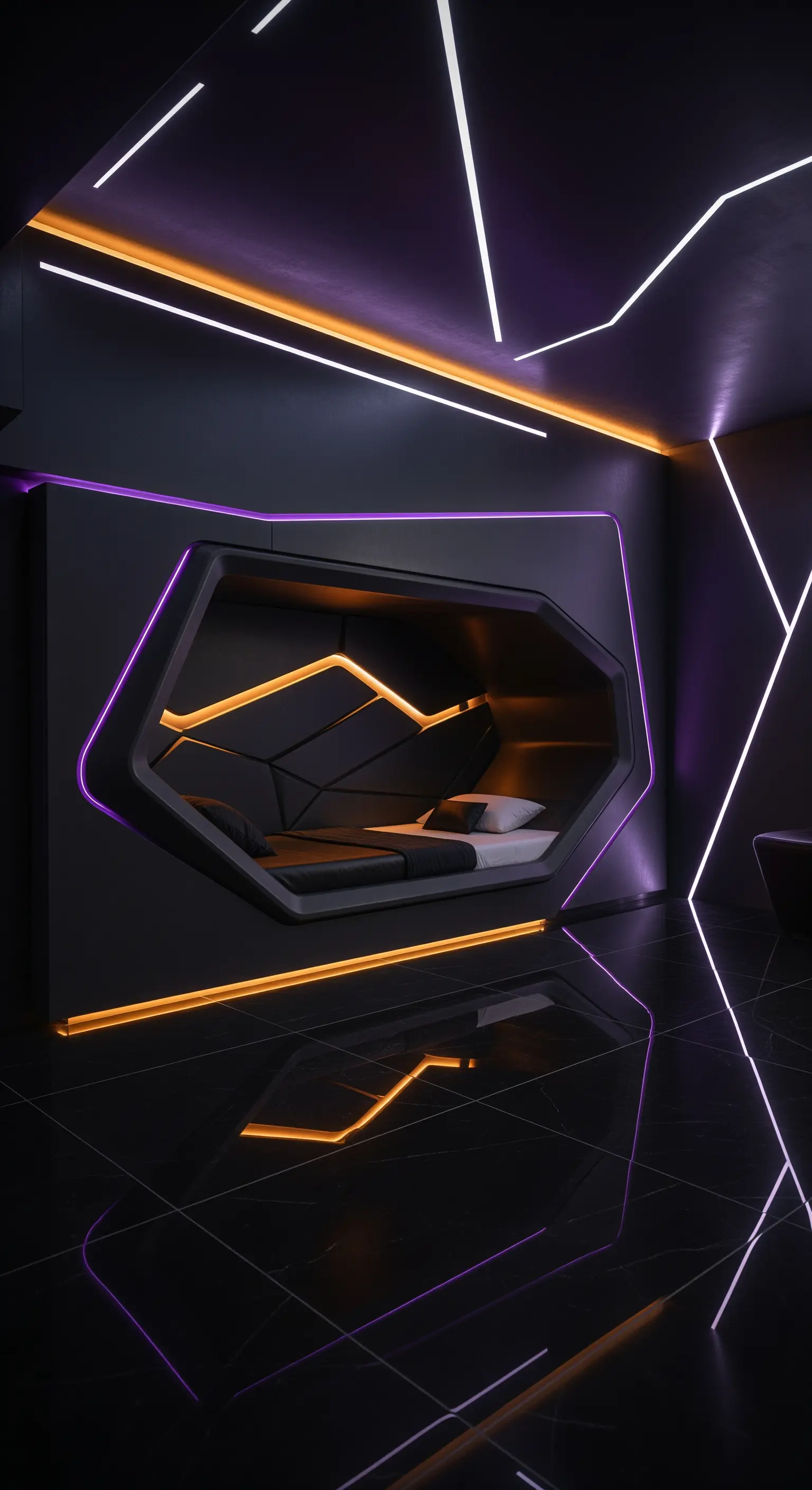 Futuristisches Schlafzimmer mit geometrischen Neonlichtern in Lila und Orange