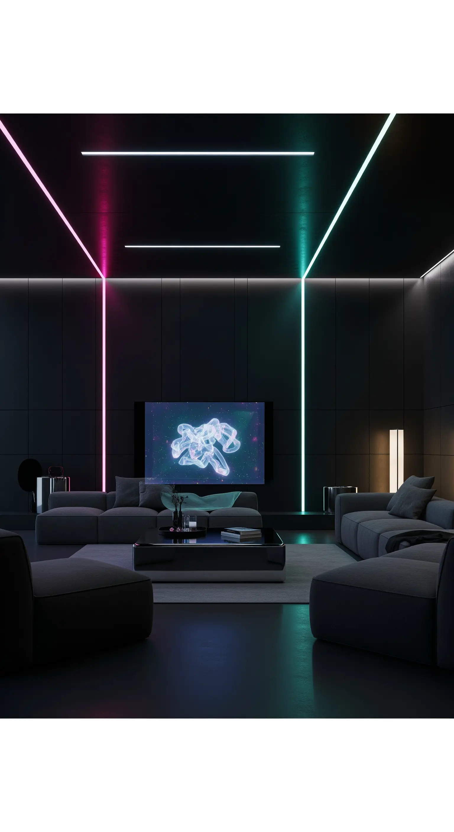 Dunkler Medienraum, der mit pinken und türkisfarbenen LED-Lichtleisten beleuchtet ist.