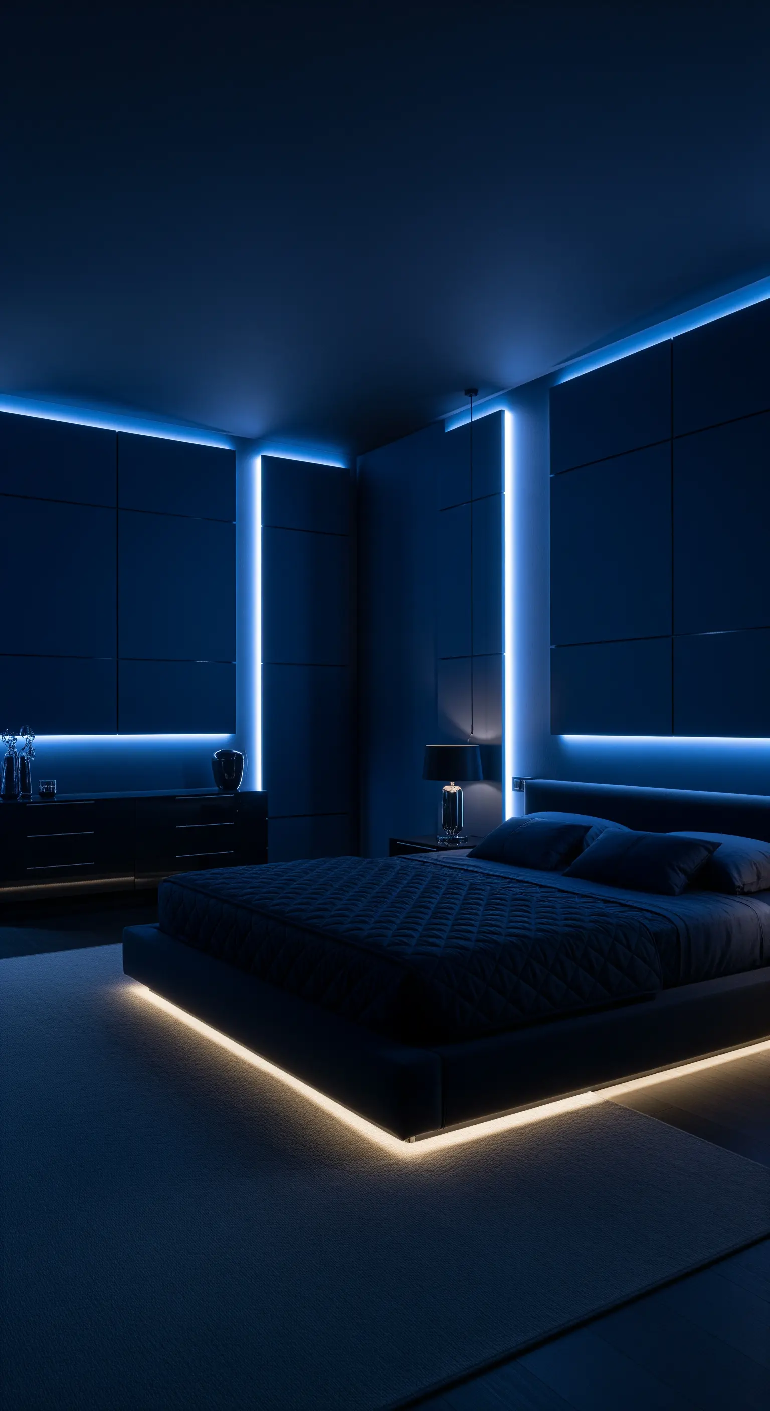 Nachtblaues Schlafzimmer mit vertikalen LED-Lichtlinien