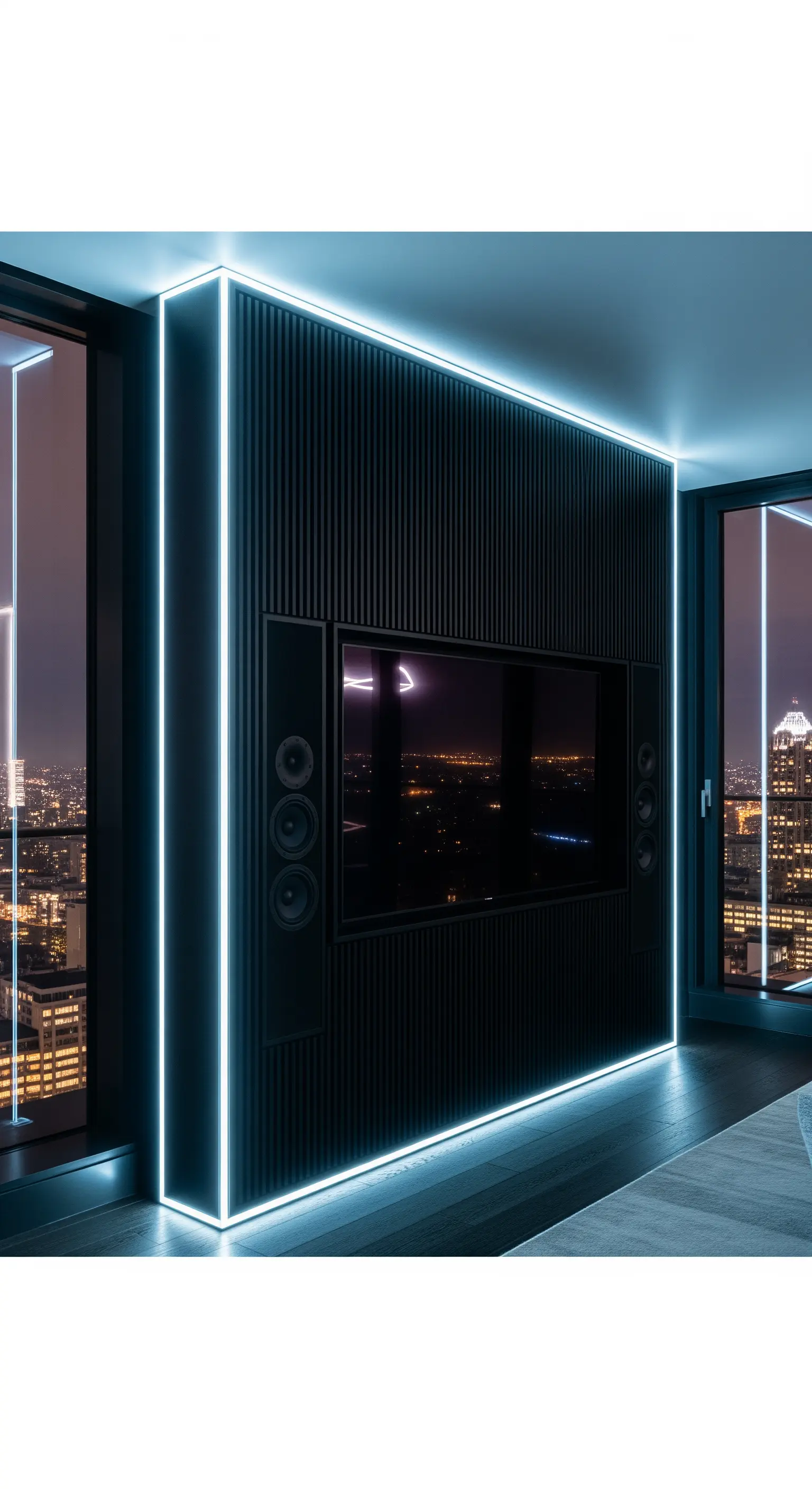 Schwarze Lamellen-Medienwand, die von kühlen, bläulichen LED-Streifen eingerahmt wird.